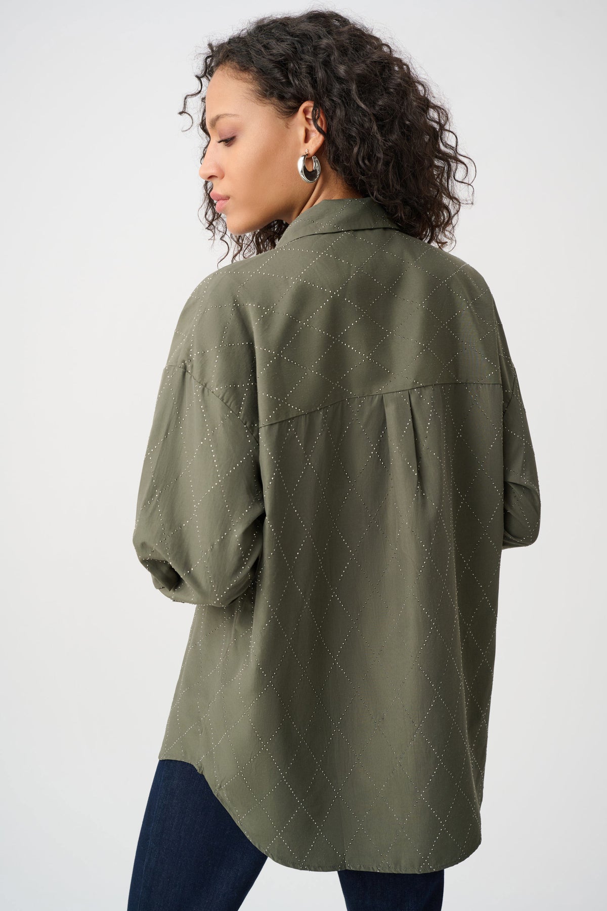Joseph Ribkoff Avocado Tencel Boxy Blouse With All-Over Rhinestone Detail