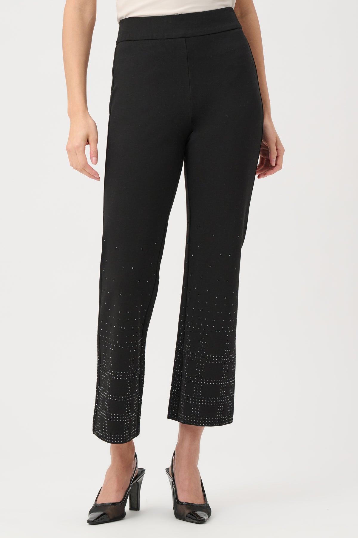 Joseph Ribkoff Black Heavy Knit Flared Pull-On Pants With Rhinestone Detail