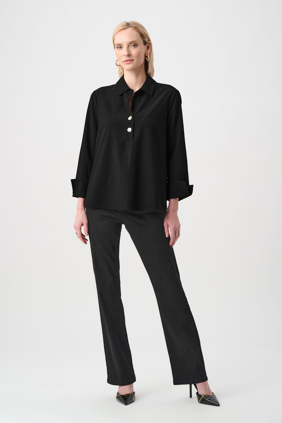 Joseph Ribkoff Black Stretch Poplin Shirt-Collar Boxy Top