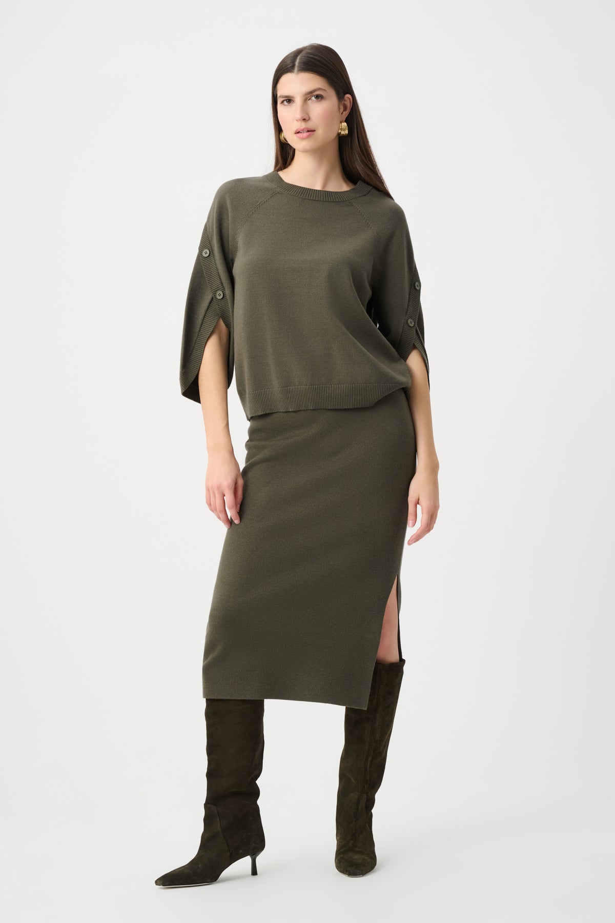 Joseph Ribkoff Avacado Brushed Viscose And Nylon Knit Tulip Sleeve Sweater