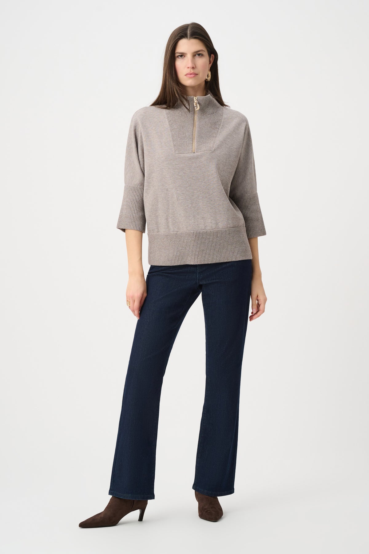 Joseph Ribkoff Taupe Melange Brushed Viscose And Nylon Funnel-Neck Sweater