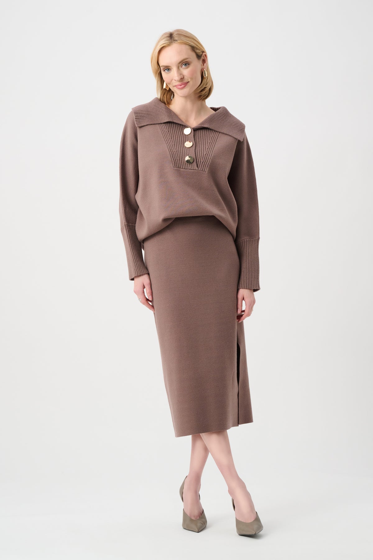 Joseph Ribkoff Mink Brushed Viscose And Nylon Shawl-Neck Sweater