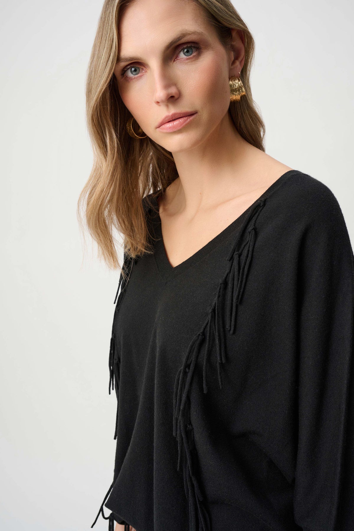 Joseph Ribkoff Black Viscose Knit Fringed Sweater