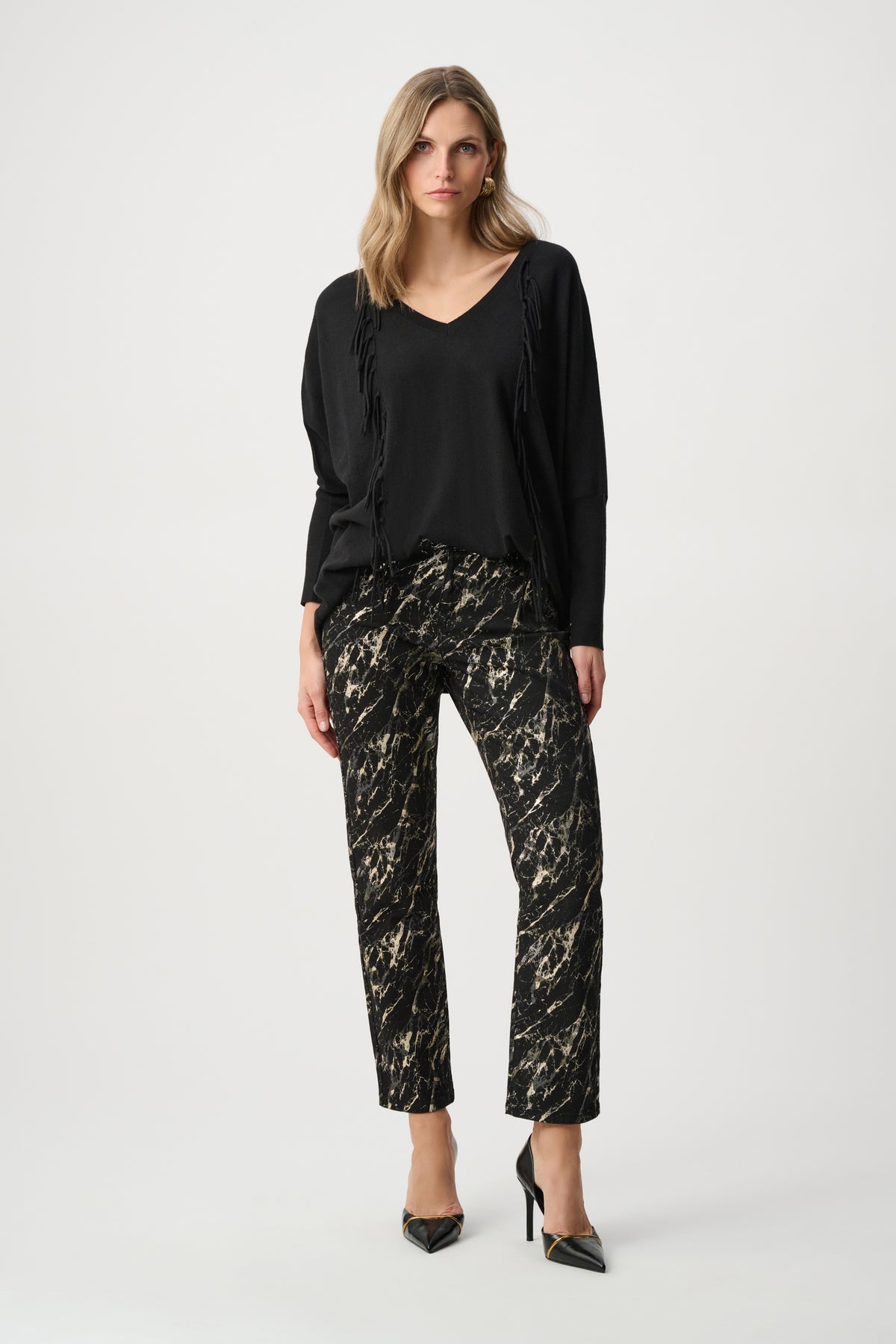 Joseph Ribkoff Black Viscose Knit Fringed Sweater