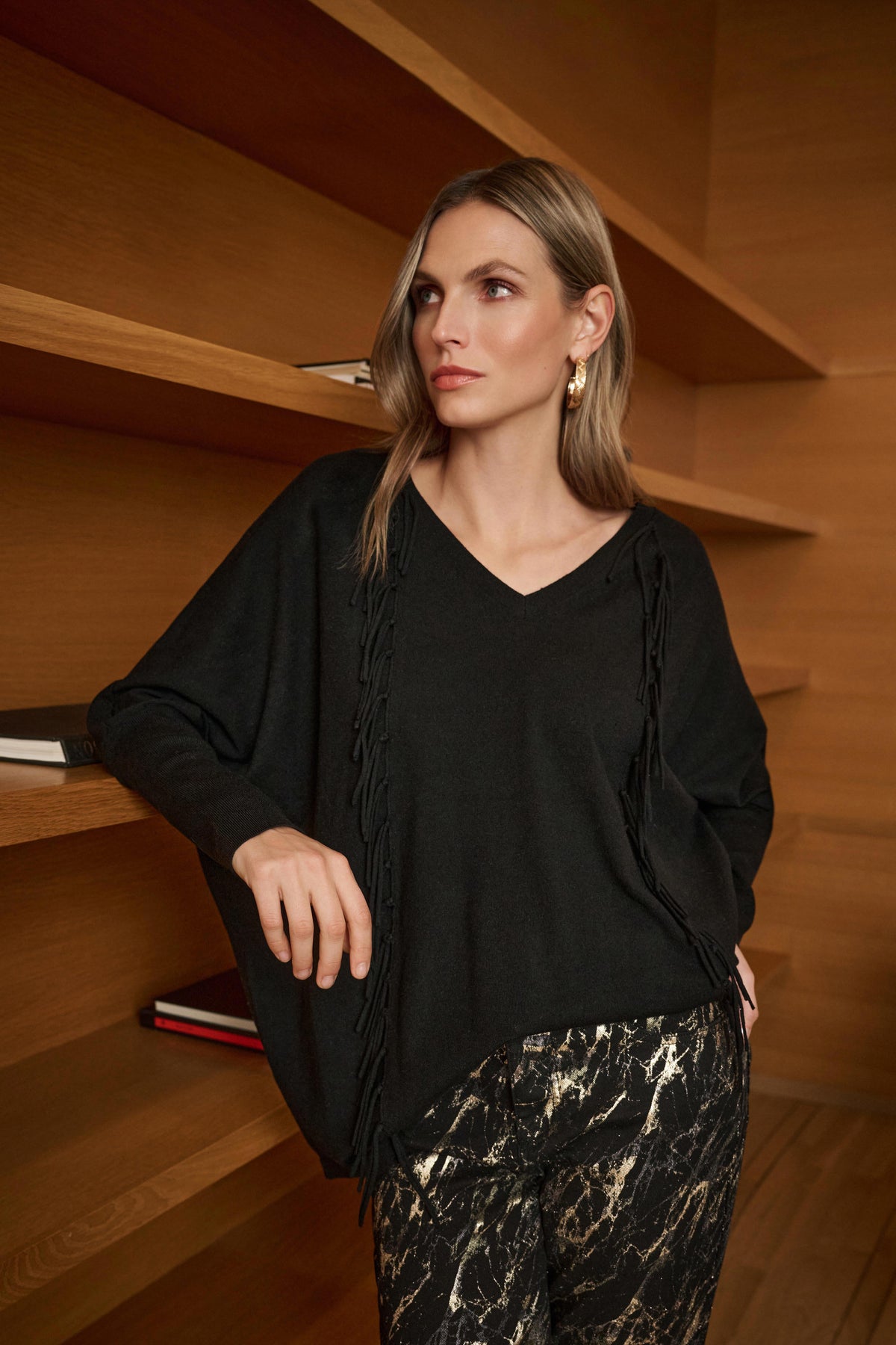 Joseph Ribkoff Black Viscose Knit Fringed Sweater