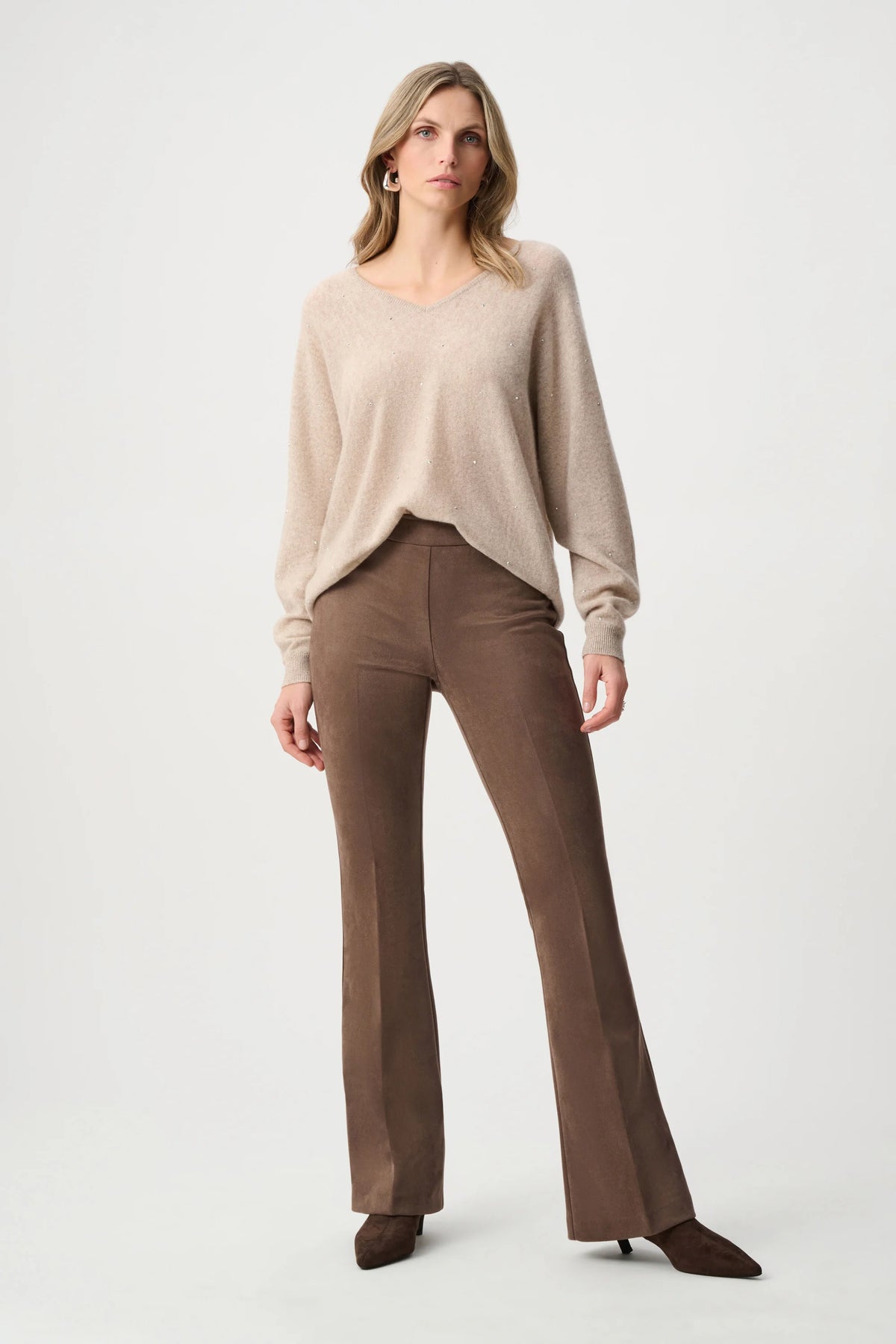 Joseph Ribkoff Oatmeal Melange Cashmere Boxy Sweater With Rhinestone Detail