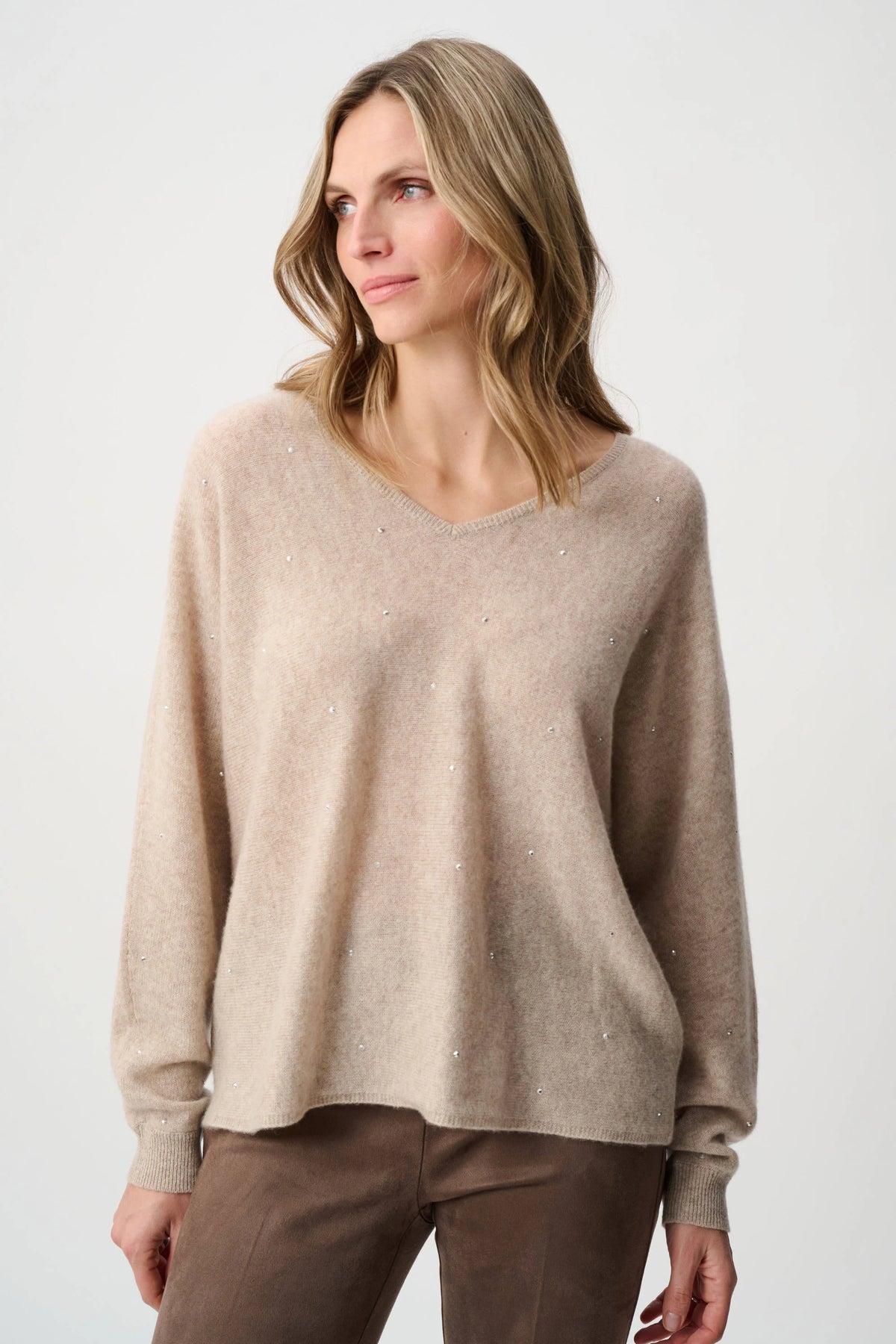 Joseph Ribkoff Oatmeal Melange Cashmere Boxy Sweater With Rhinestone Detail