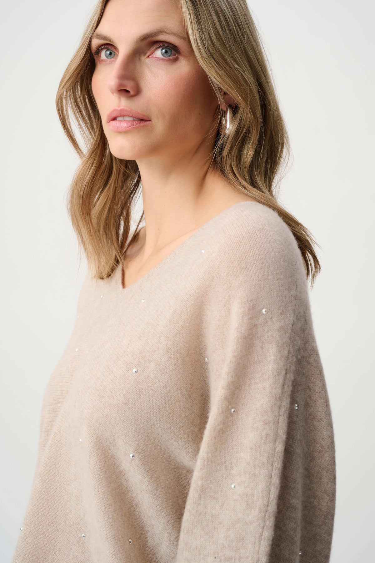 Joseph Ribkoff Oatmeal Melange Cashmere Boxy Sweater With Rhinestone Detail