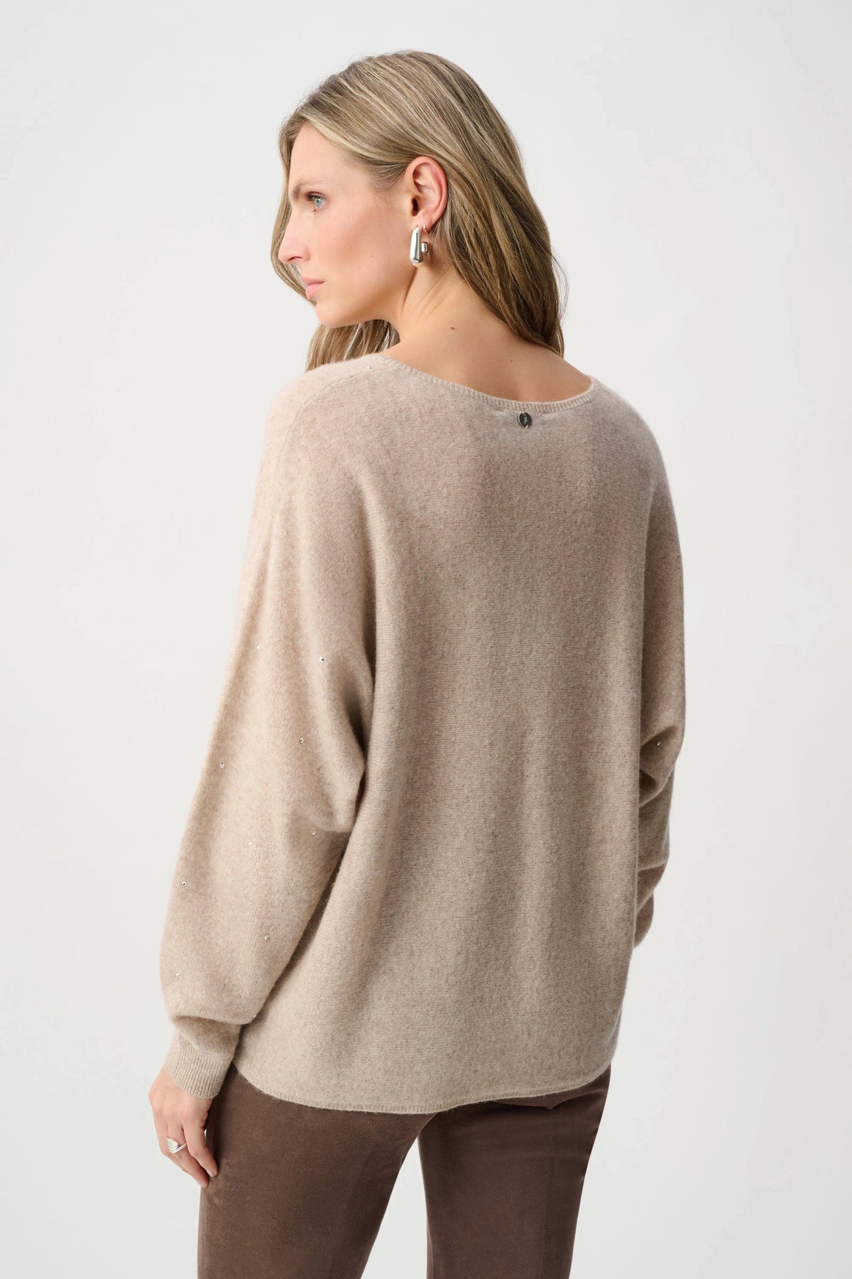 Joseph Ribkoff Oatmeal Melange Cashmere Boxy Sweater With Rhinestone Detail