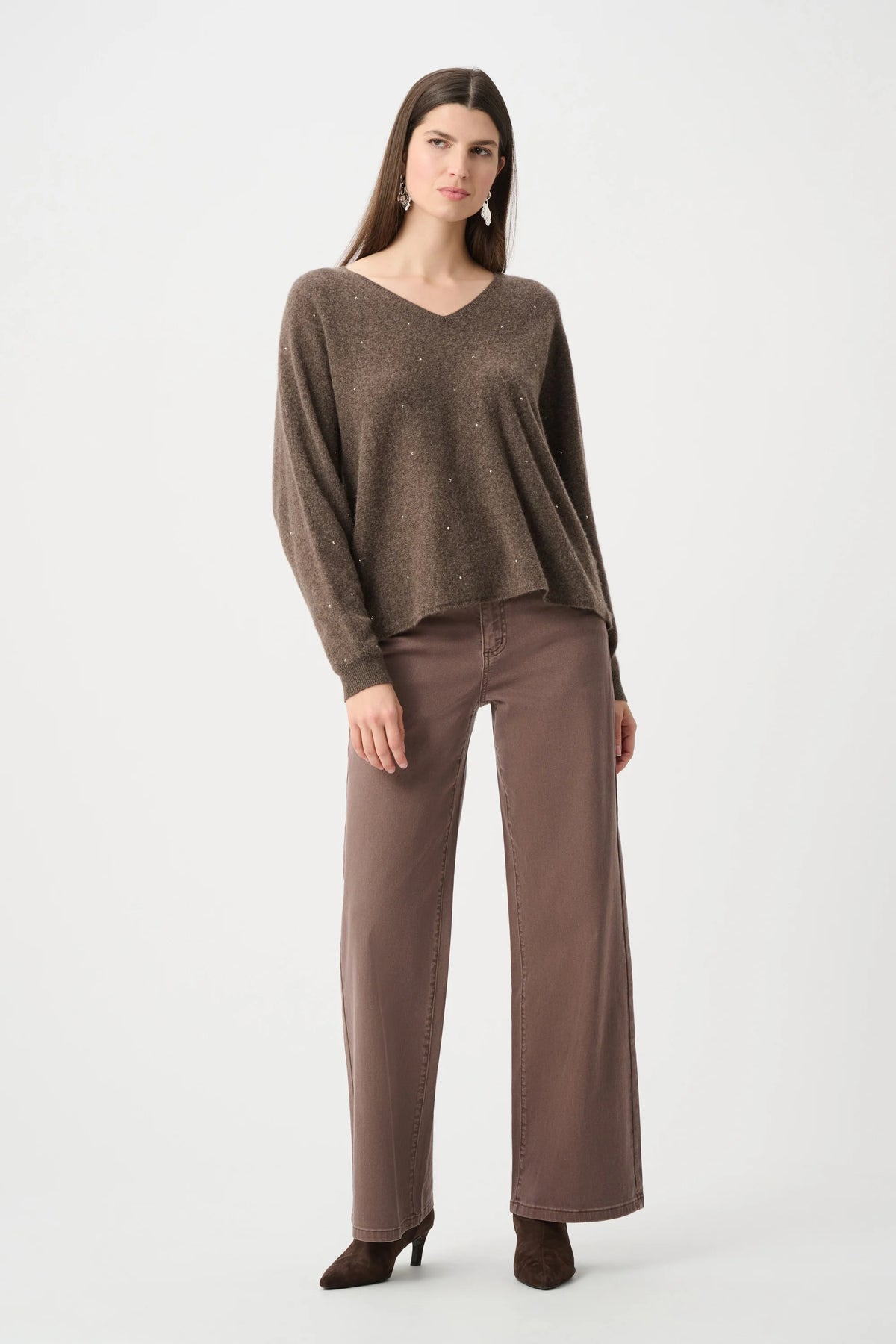 Joseph Ribkoff Dark Taupe Cashmere Boxy Sweater With Rhinestone Detail