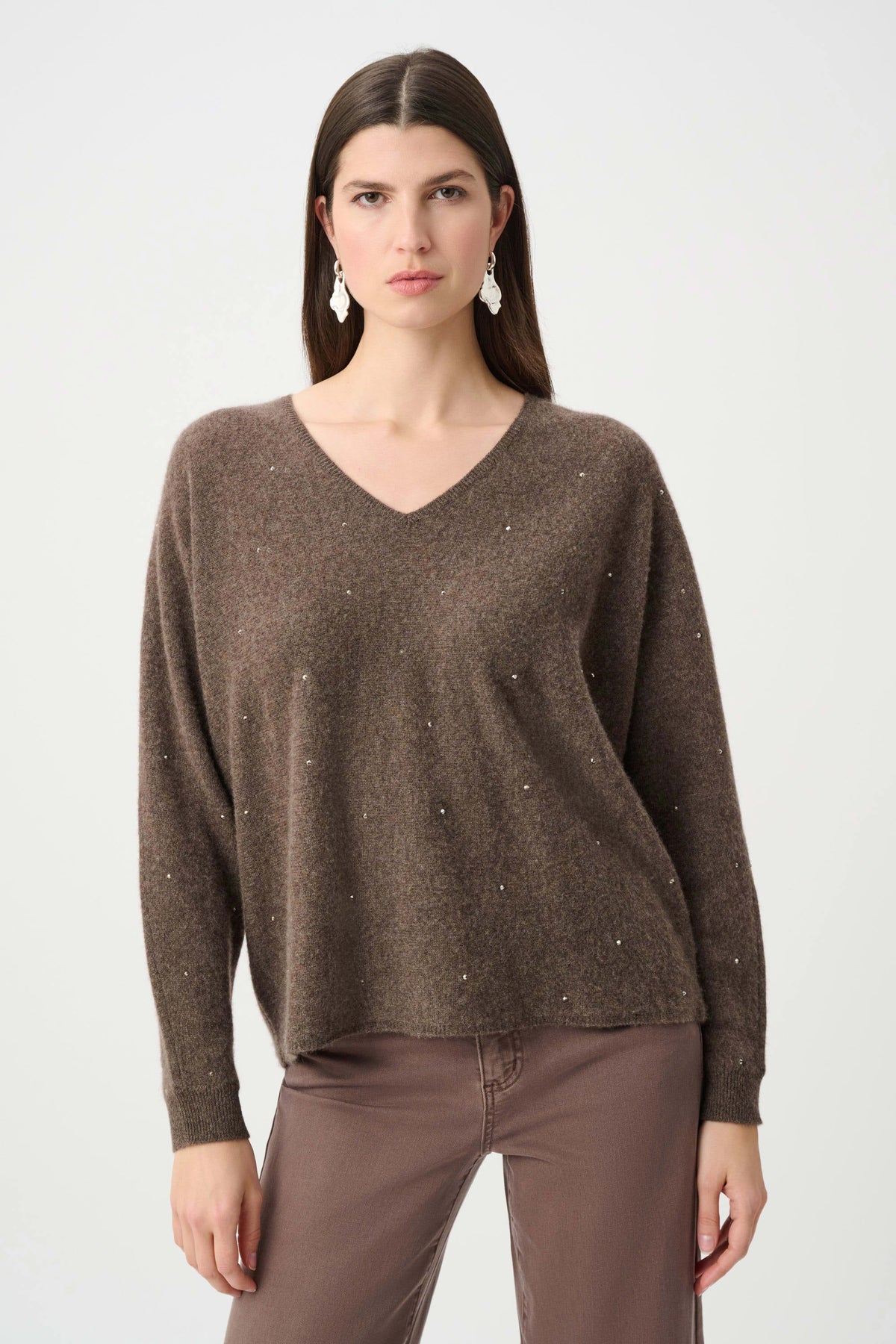 Joseph Ribkoff Dark Taupe Cashmere Boxy Sweater With Rhinestone Detail