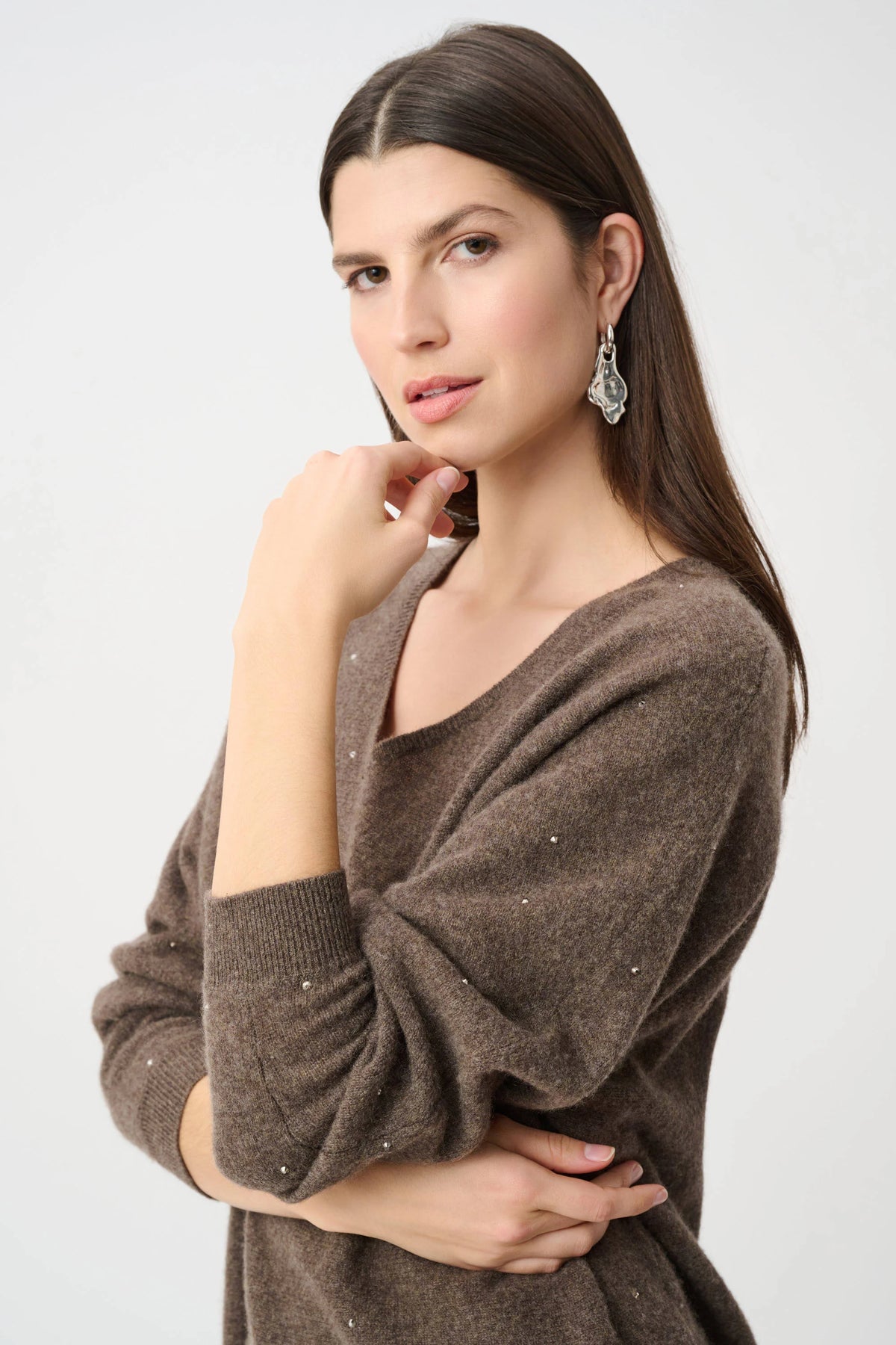 Joseph Ribkoff Dark Taupe Cashmere Boxy Sweater With Rhinestone Detail
