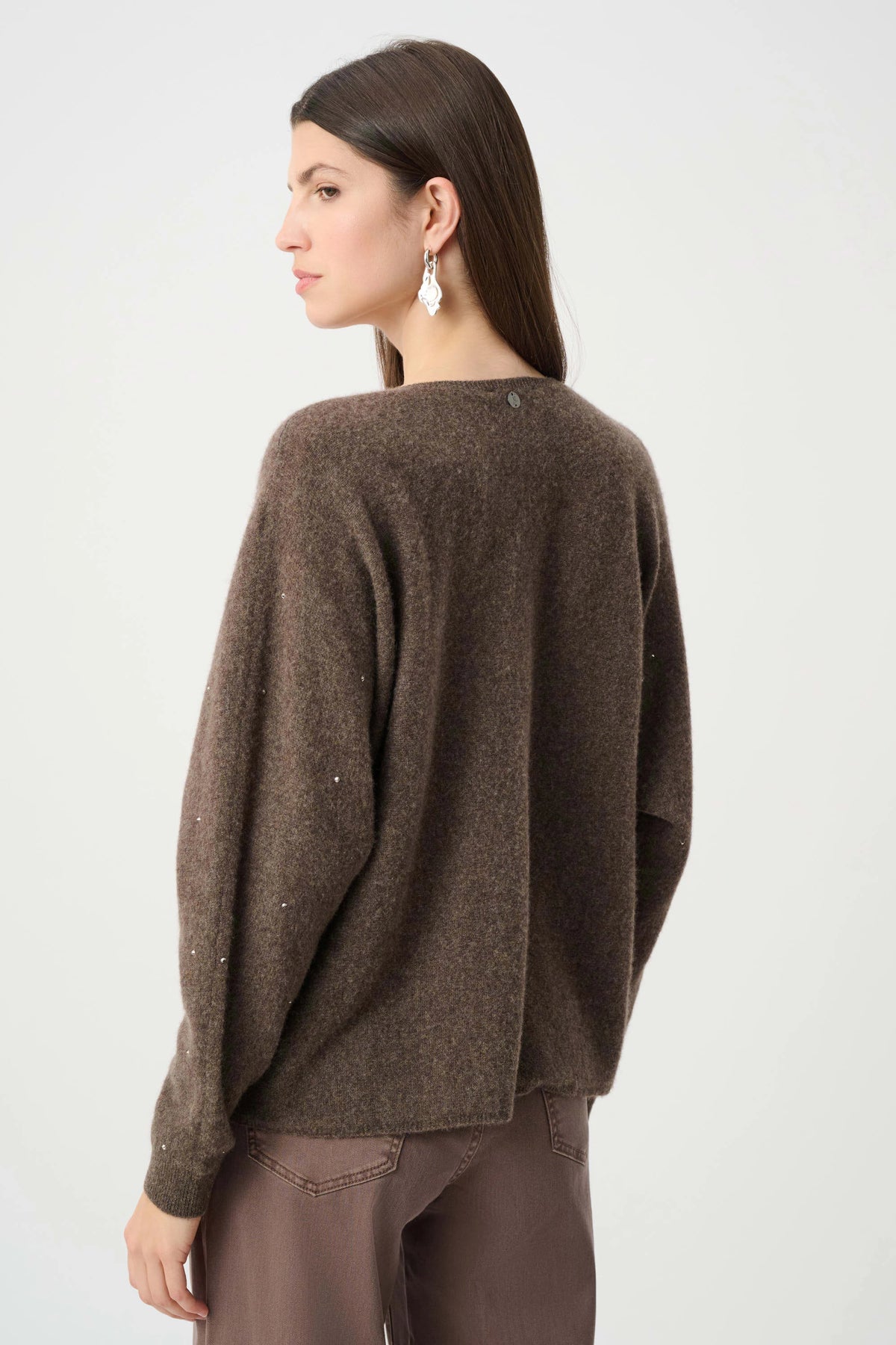 Joseph Ribkoff Dark Taupe Cashmere Boxy Sweater With Rhinestone Detail