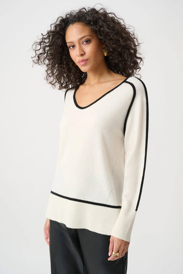 Joseph Ribkoff Winter White/Black Cashmere And Wool Contrast trim Sweater