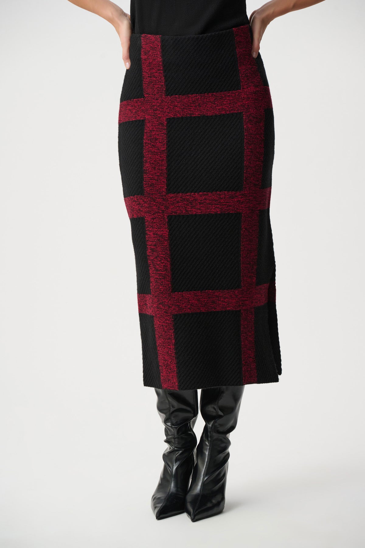 Joseph Ribkoff Black/Deep Cherry Brushed Viscose And Nylon Knit Plaid Pencil Skirt