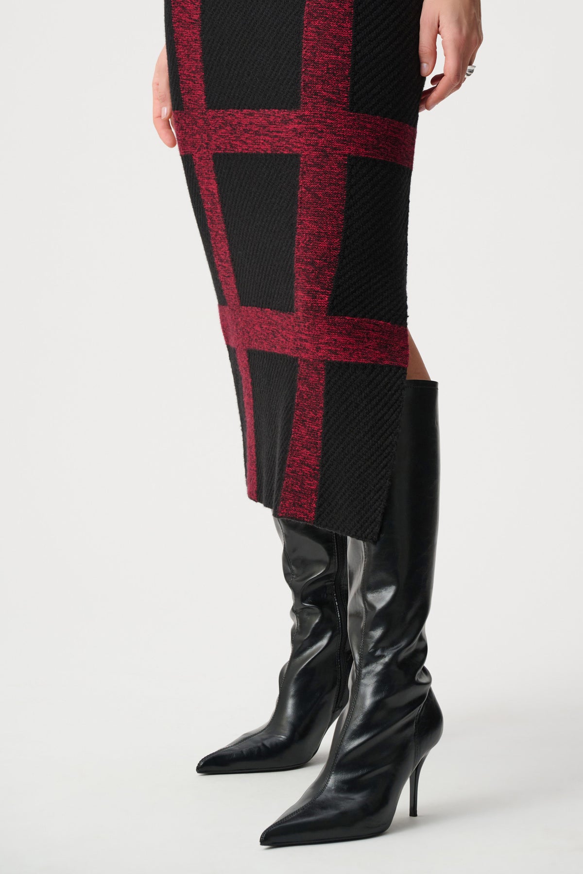 Joseph Ribkoff Black/Deep Cherry Brushed Viscose And Nylon Knit Plaid Pencil Skirt