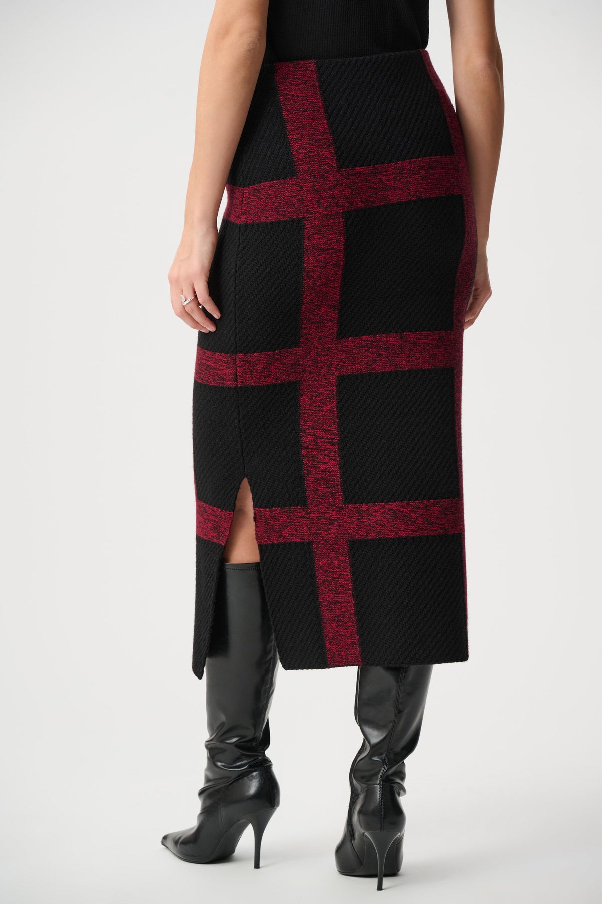 Joseph Ribkoff Black/Deep Cherry Brushed Viscose And Nylon Knit Plaid Pencil Skirt