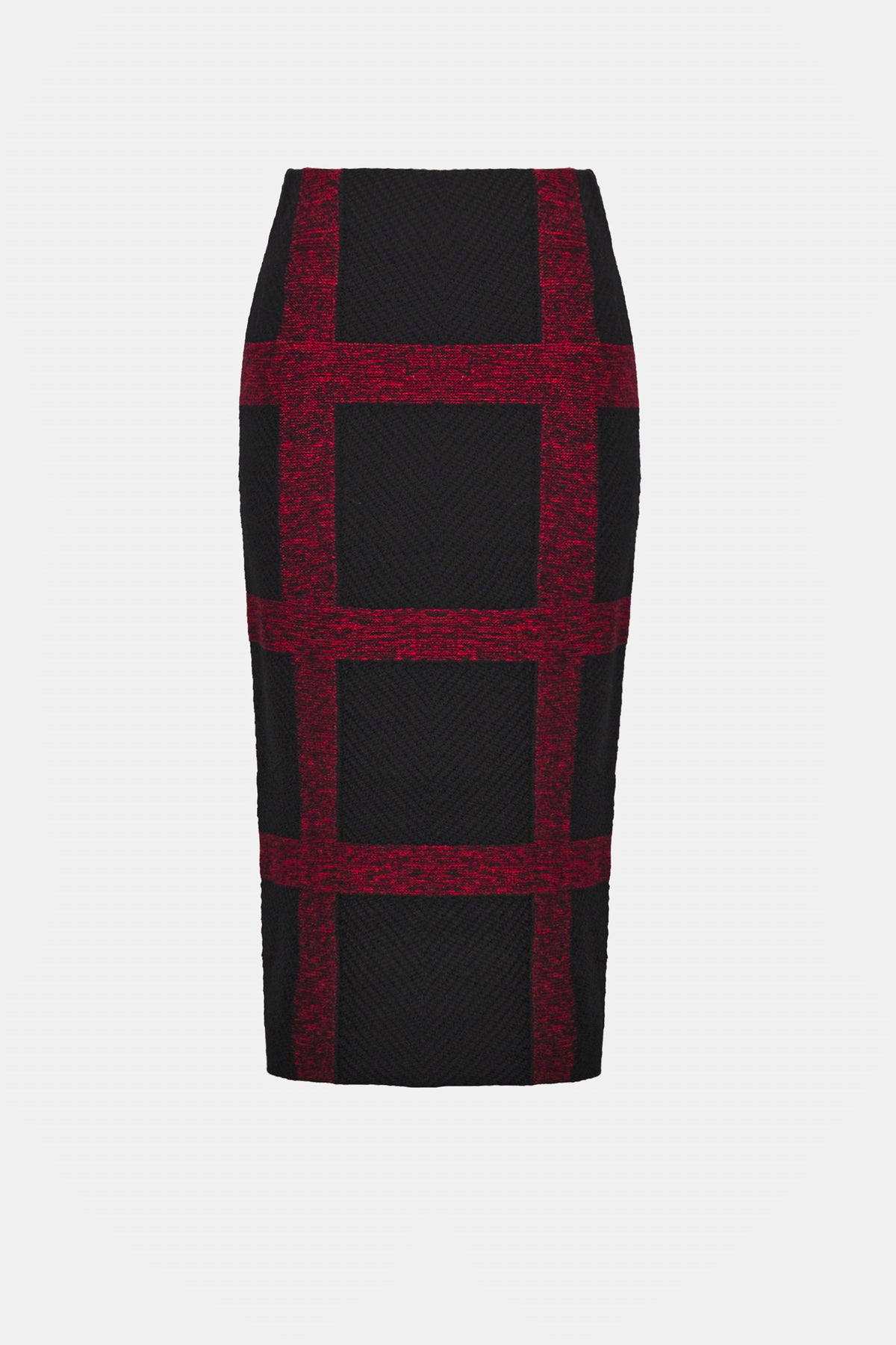 Joseph Ribkoff Black/Deep Cherry Brushed Viscose And Nylon Knit Plaid Pencil Skirt
