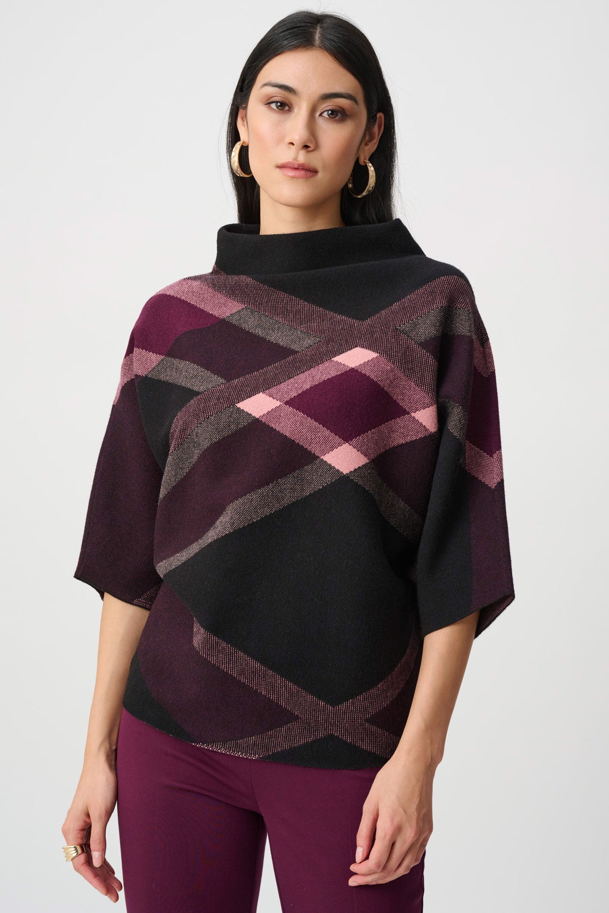 Joseph Ribkoff Brushed Viscose And Nylon Plaid Funnel-Neck Sweater
