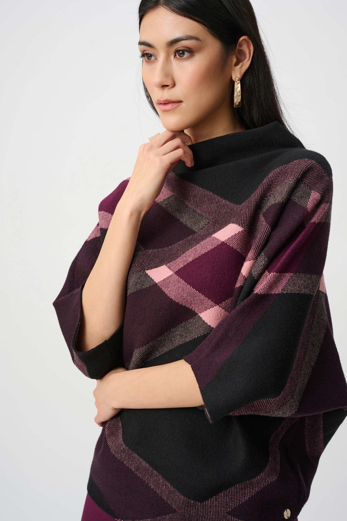 Joseph Ribkoff Brushed Viscose And Nylon Plaid Funnel-Neck Sweater