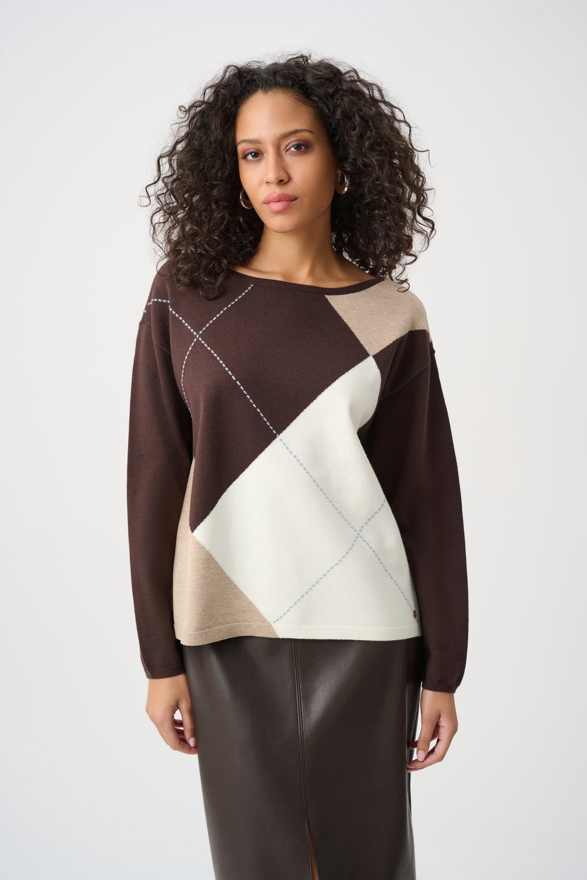 Joseph Ribkoff Mocha/Multi Brushed Viscose Knit Argyle Pattern Crewneck Sweater