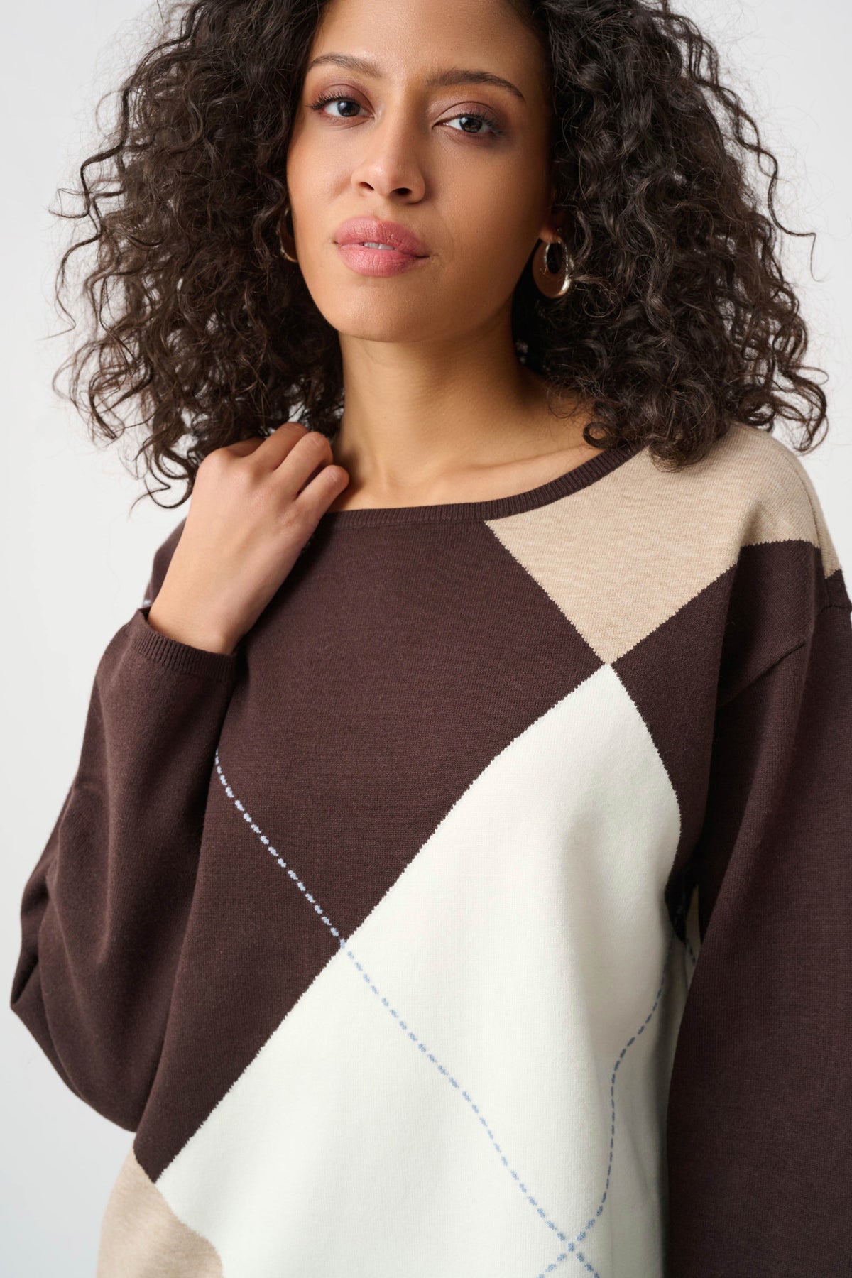 Joseph Ribkoff Mocha/Multi Brushed Viscose Knit Argyle Pattern Crewneck Sweater
