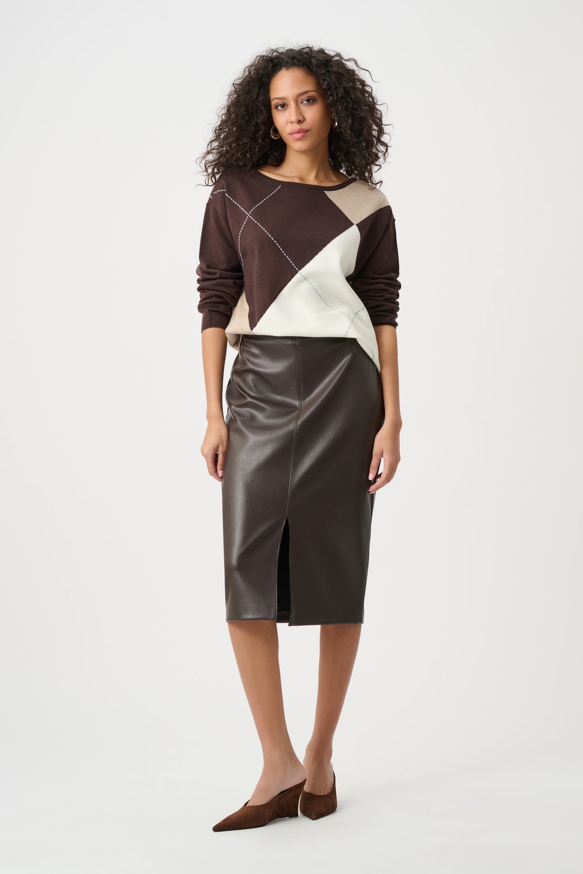 Joseph Ribkoff Mocha/Multi Brushed Viscose Knit Argyle Pattern Crewneck Sweater