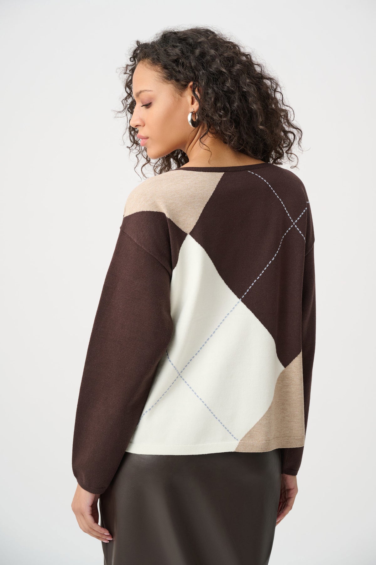 Joseph Ribkoff Mocha/Multi Brushed Viscose Knit Argyle Pattern Crewneck Sweater