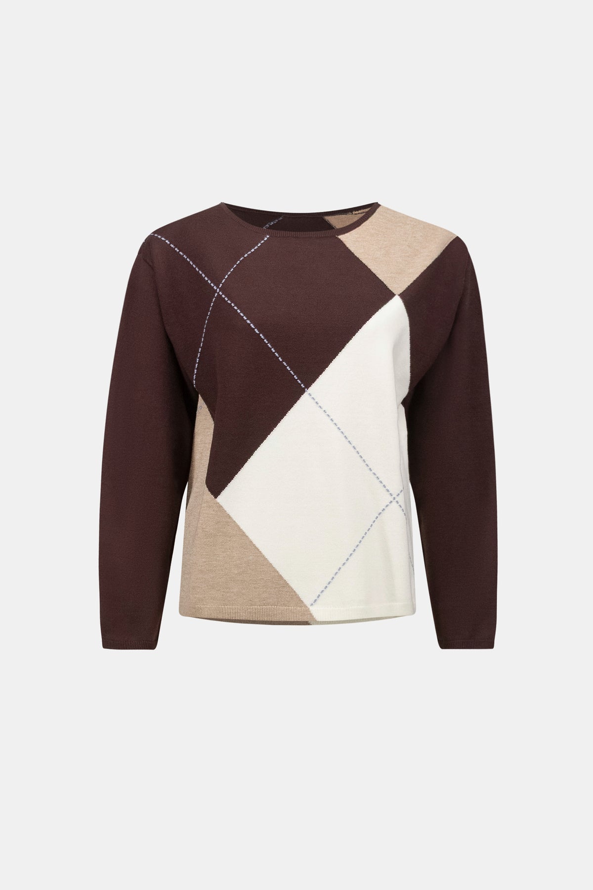 Joseph Ribkoff Mocha/Multi Brushed Viscose Knit Argyle Pattern Crewneck Sweater