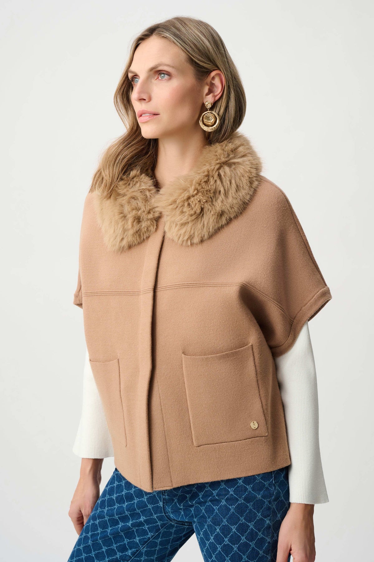 Joseph Ribkoff Camel Sweater Knit Jacket With Detachable Faux Fur Collar