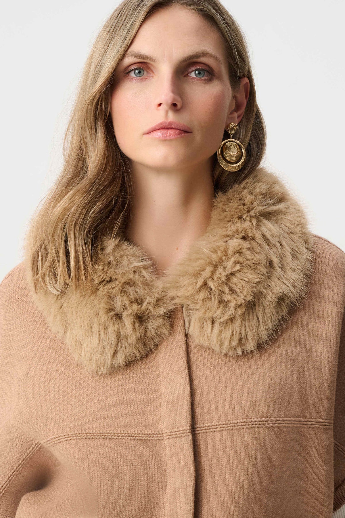 Joseph Ribkoff Camel Sweater Knit Jacket With Detachable Faux Fur Collar