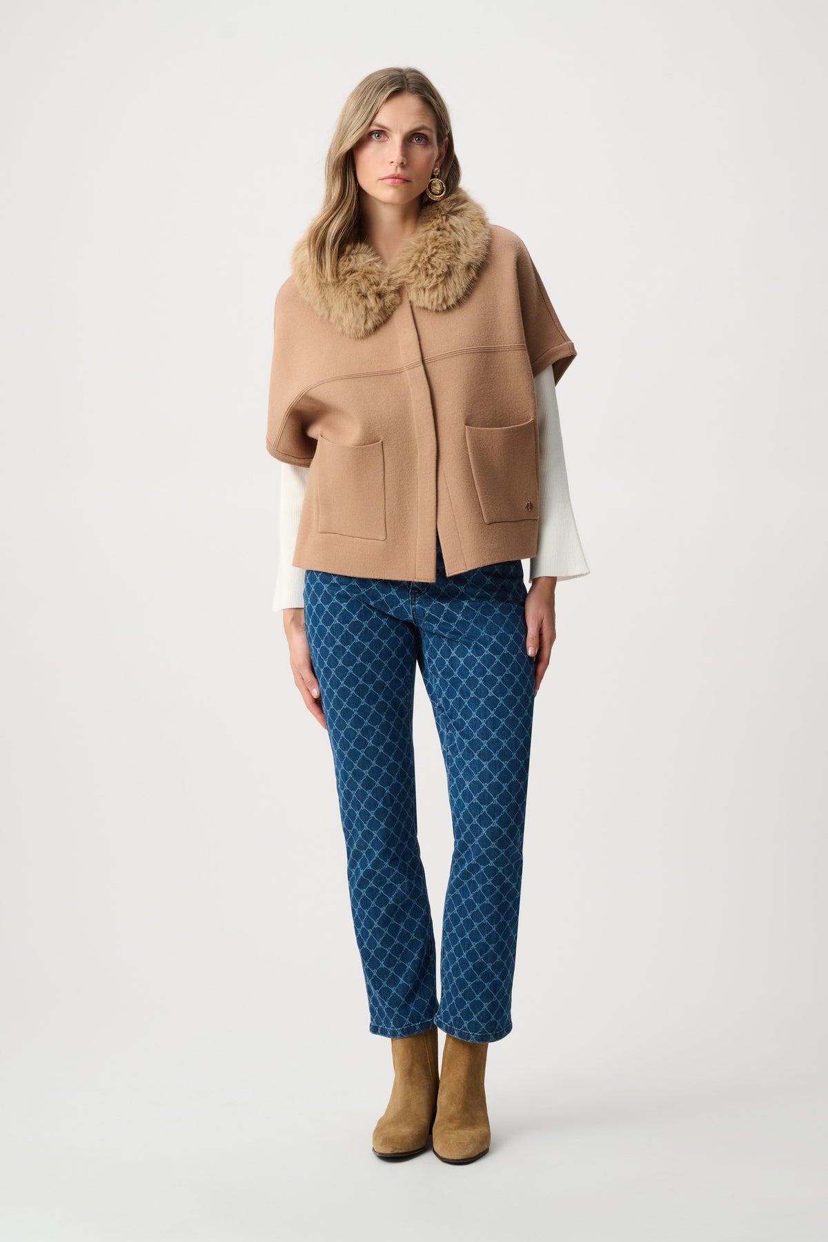 Joseph Ribkoff Camel Sweater Knit Jacket With Detachable Faux Fur Collar