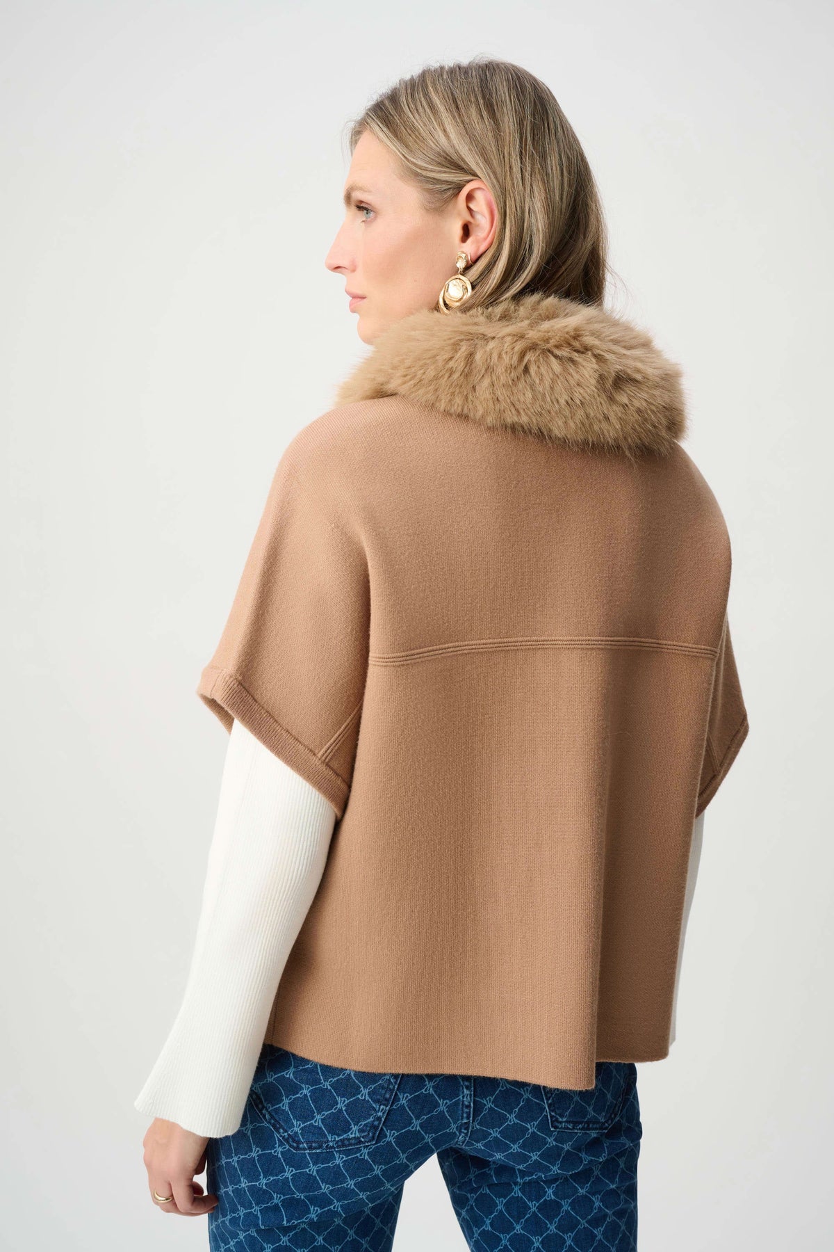 Joseph Ribkoff Camel Sweater Knit Jacket With Detachable Faux Fur Collar