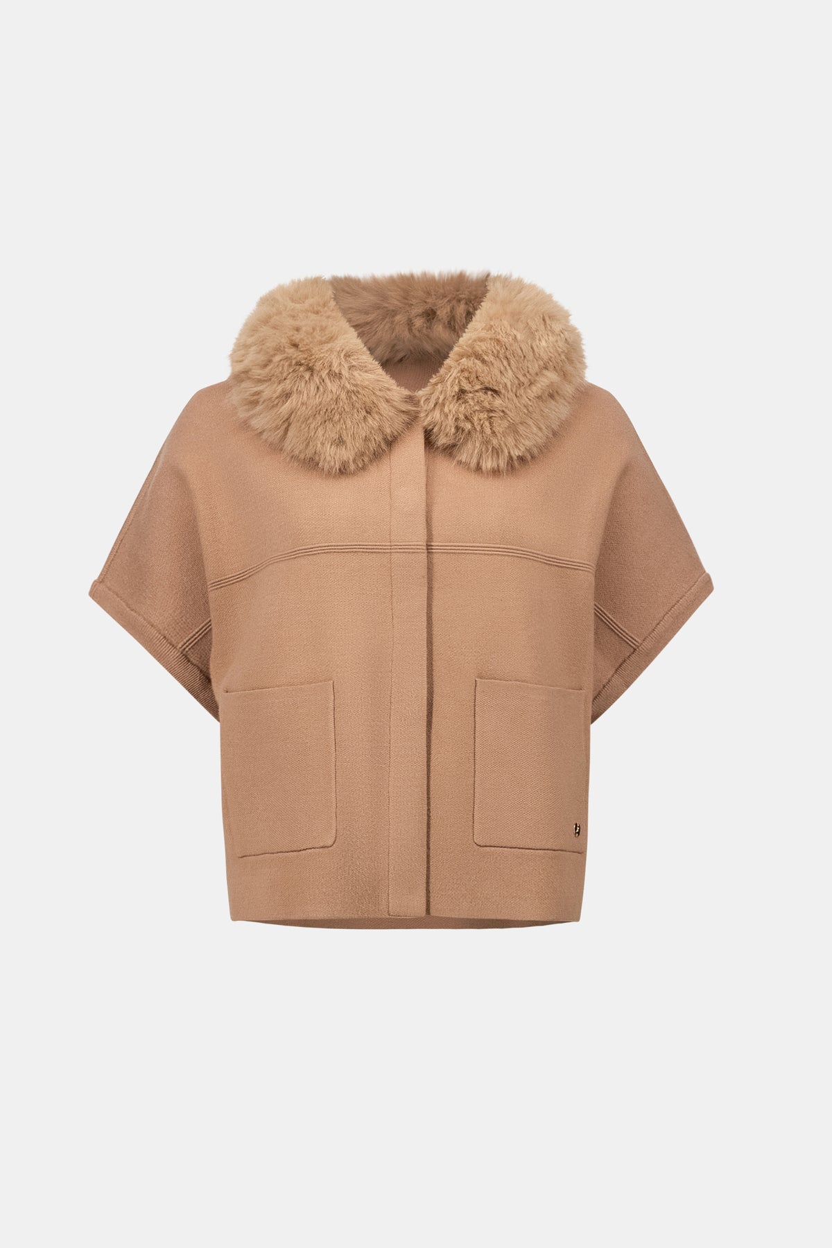 Joseph Ribkoff Camel Sweater Knit Jacket With Detachable Faux Fur Collar