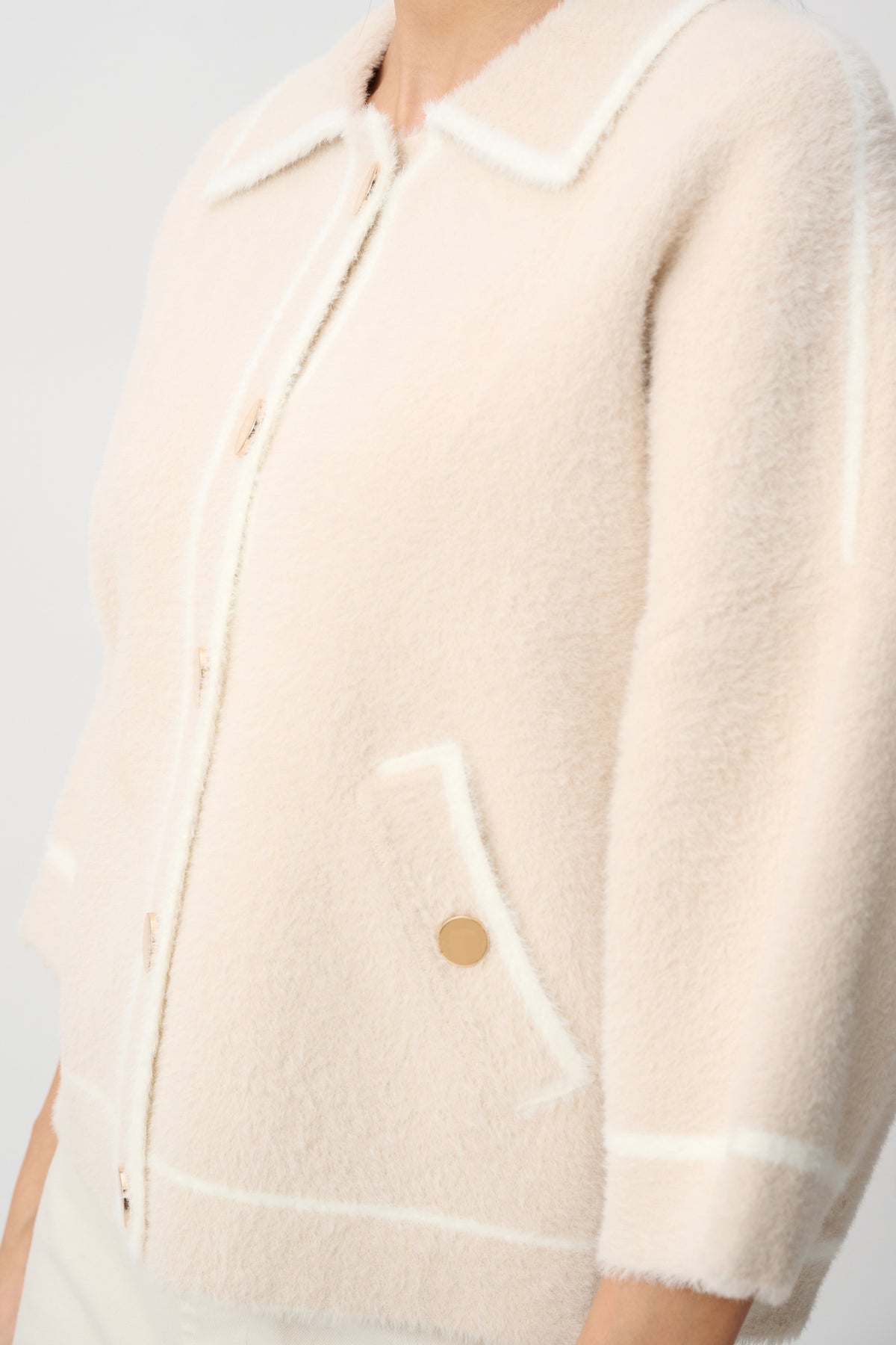 Joseph Ribkoff Oatmeal/Winter White Feather Yarn Knit Boxy Jacket