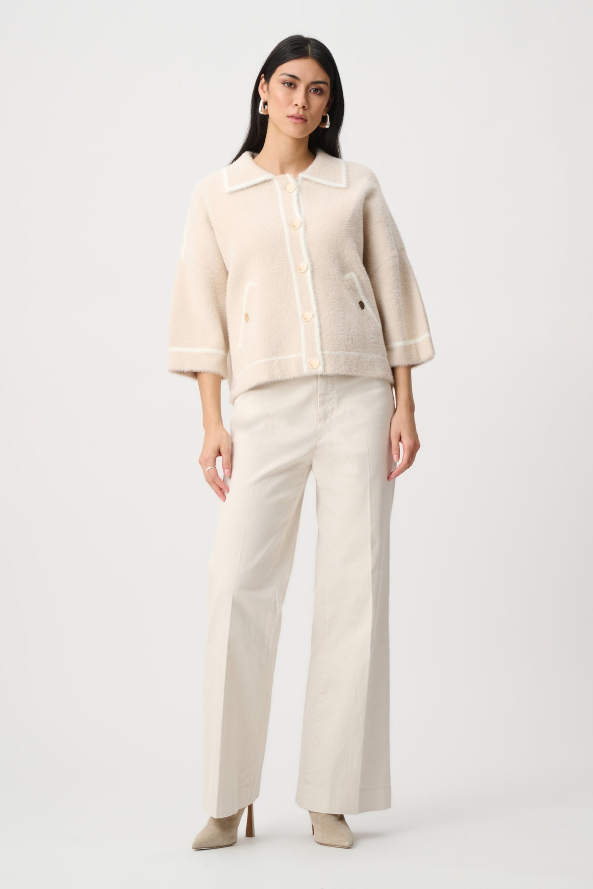 Joseph Ribkoff Oatmeal/Winter White Feather Yarn Knit Boxy Jacket