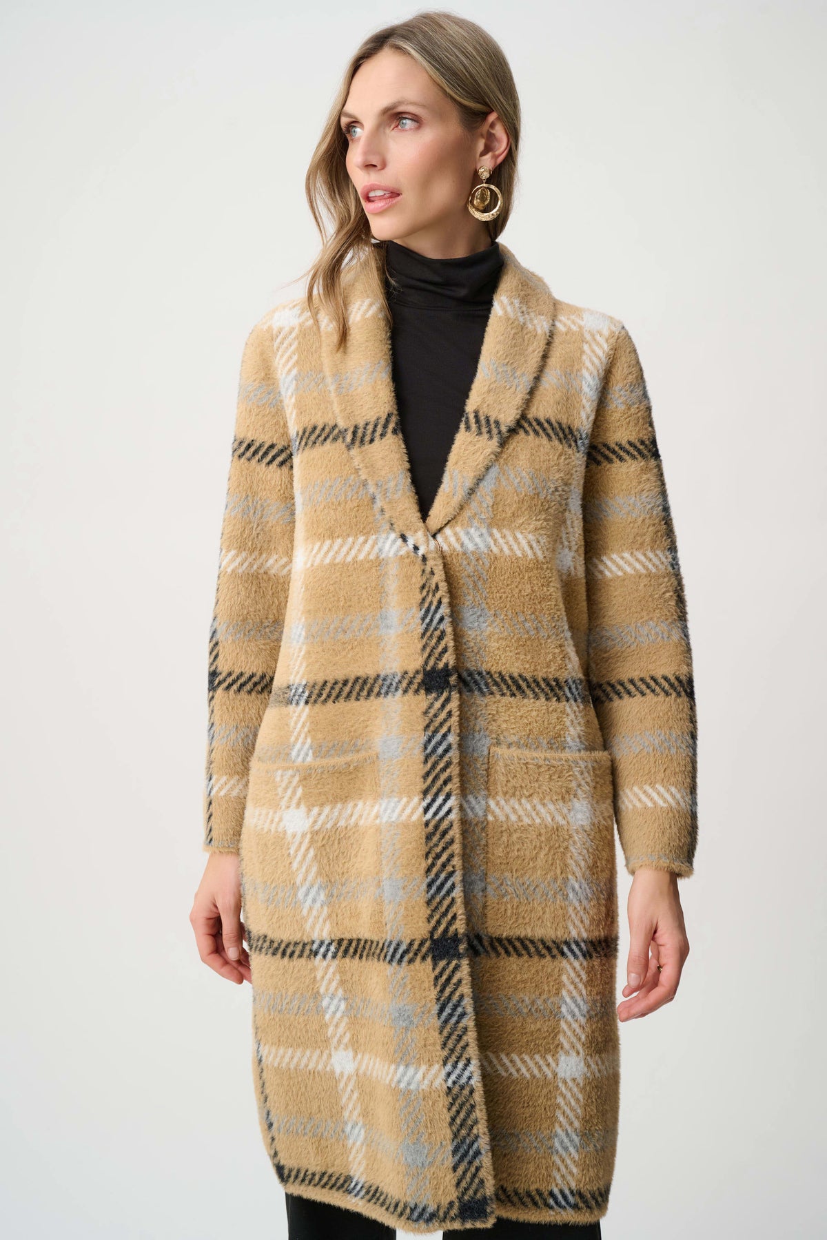 Joseph Ribkoff Camel Feather Yarn Plaid Coat With Detachable Faux Fur Collar