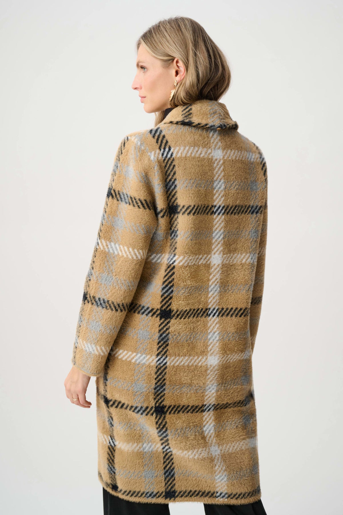 Joseph Ribkoff Camel Feather Yarn Plaid Coat With Detachable Faux Fur Collar