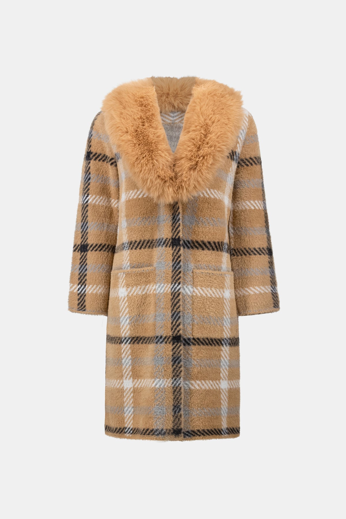 Joseph Ribkoff Camel Feather Yarn Plaid Coat With Detachable Faux Fur Collar