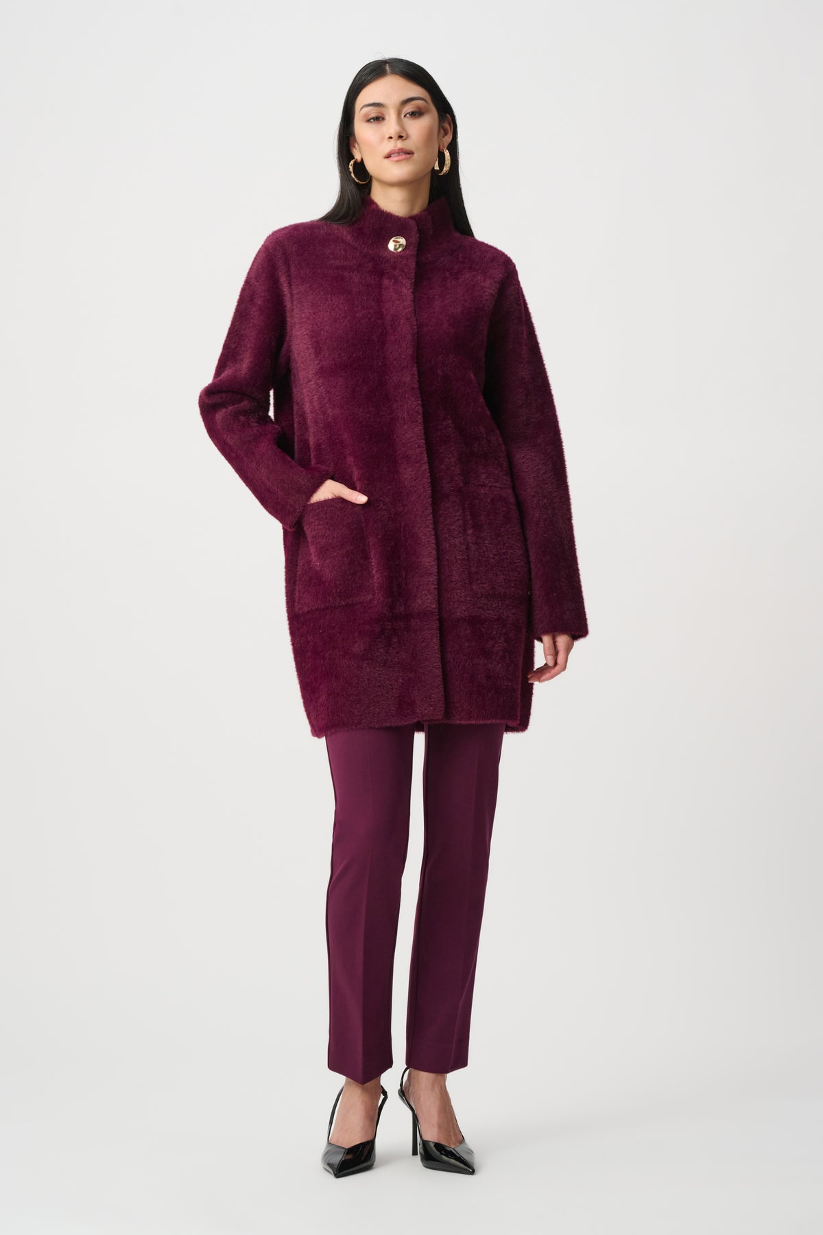 Joseph Ribkoff Elderberry Feather Yarn Mock-Neck Coat
