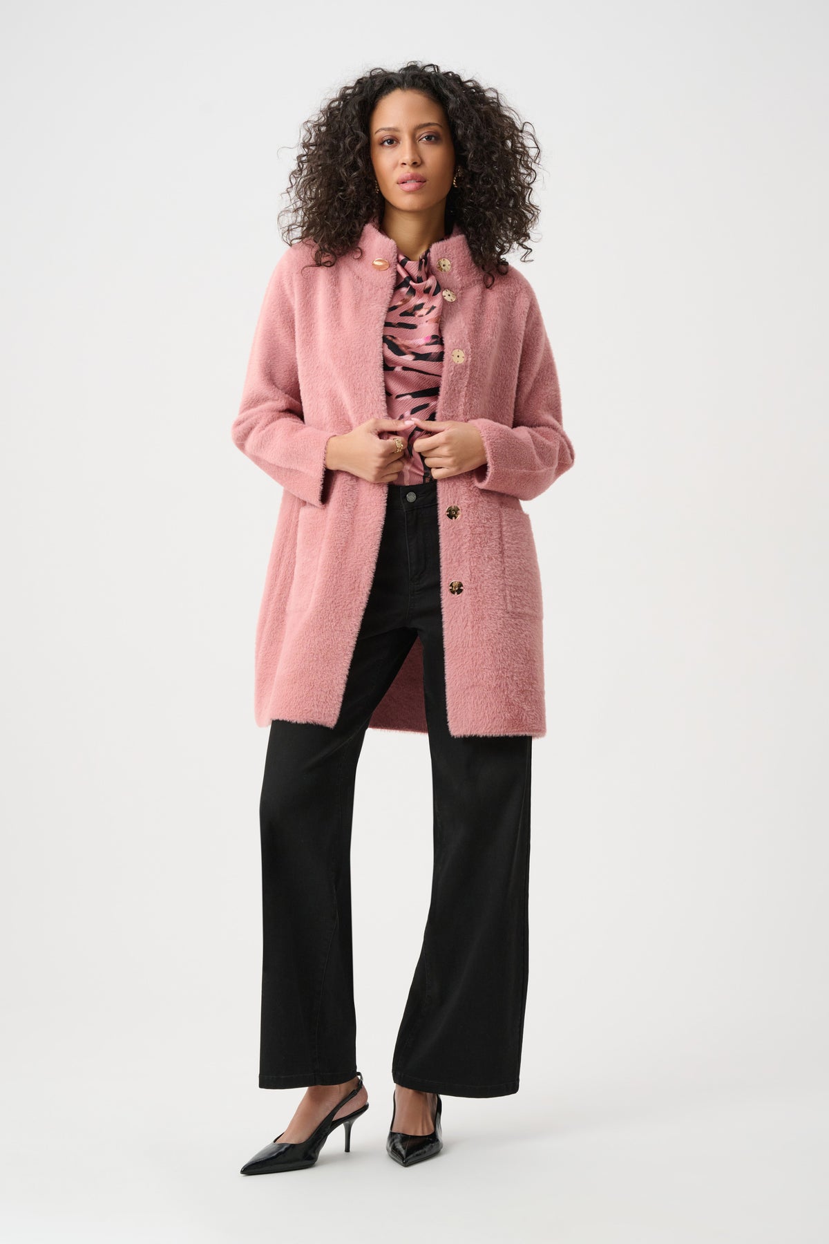Joseph Ribkoff Vintage Rose Feather Yarn Mock-Neck Coat