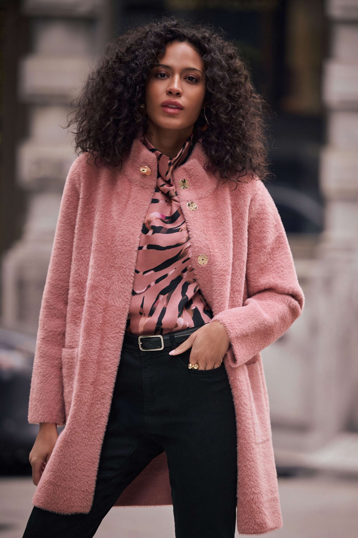 Joseph Ribkoff Vintage Rose Feather Yarn Mock-Neck Coat