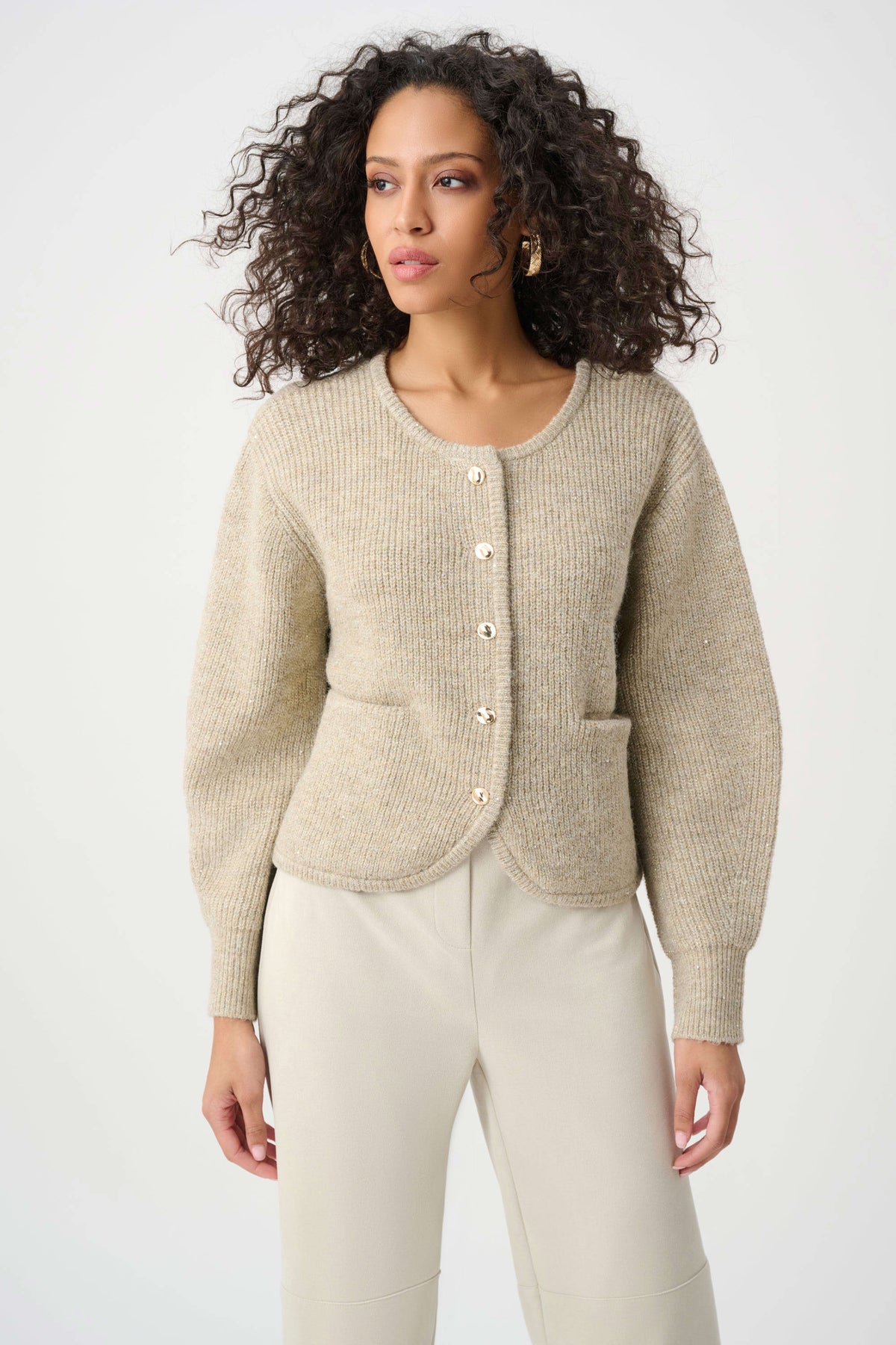 Joseph Ribkoff Oatmeal Melange Sweater Knit Sequined Boxy Crewneck Cardigan