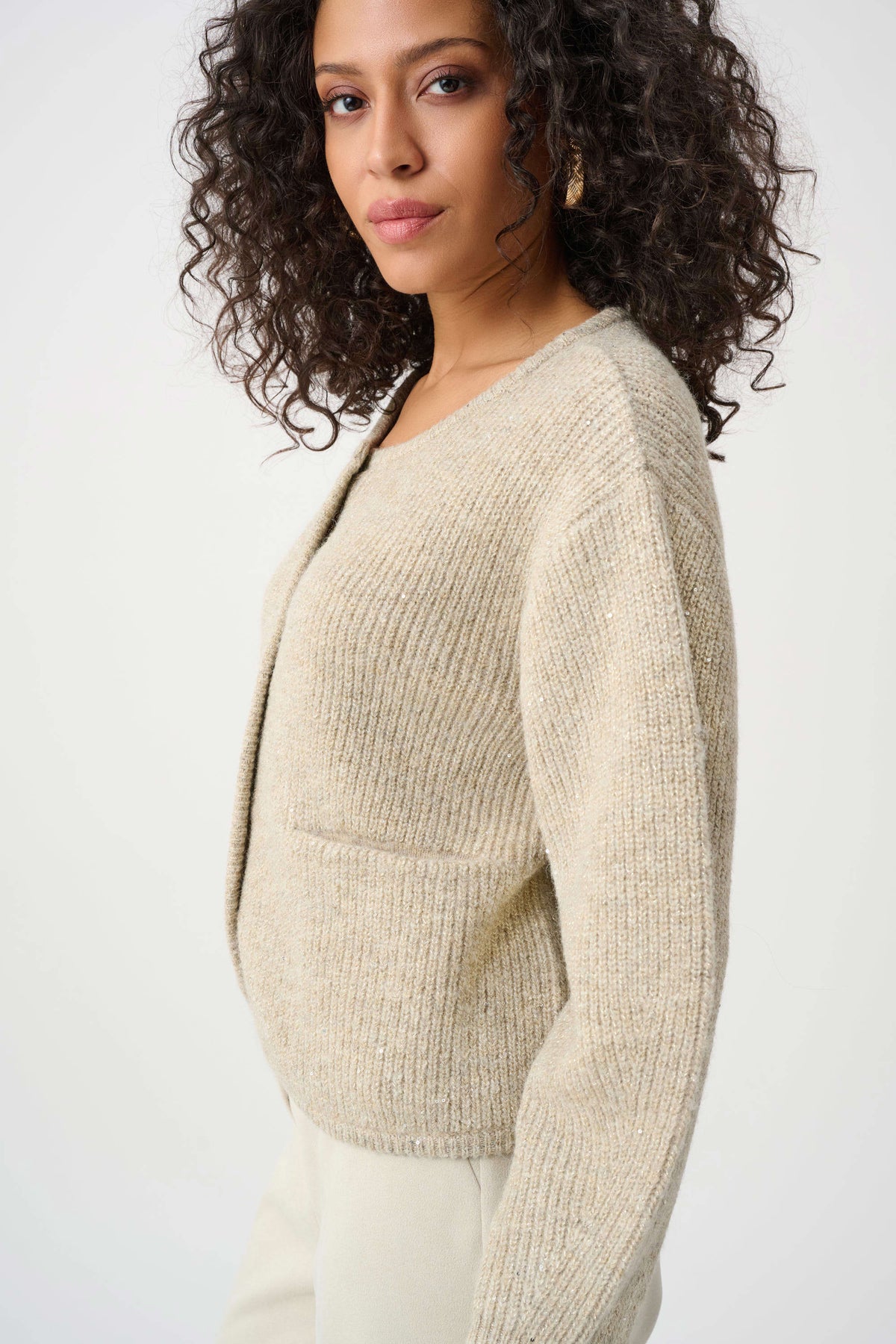 Joseph Ribkoff Oatmeal Melange Sweater Knit Sequined Boxy Crewneck Cardigan