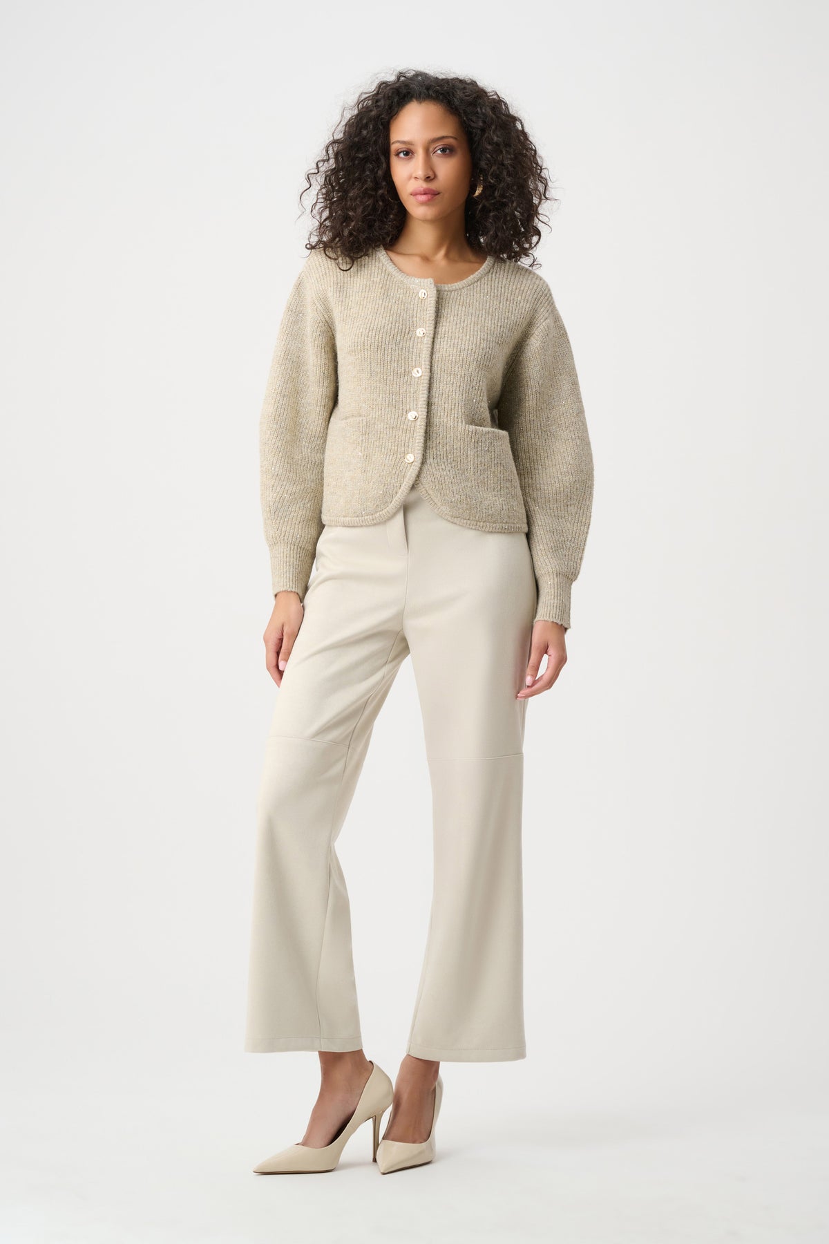 Joseph Ribkoff Oatmeal Melange Sweater Knit Sequined Boxy Crewneck Cardigan