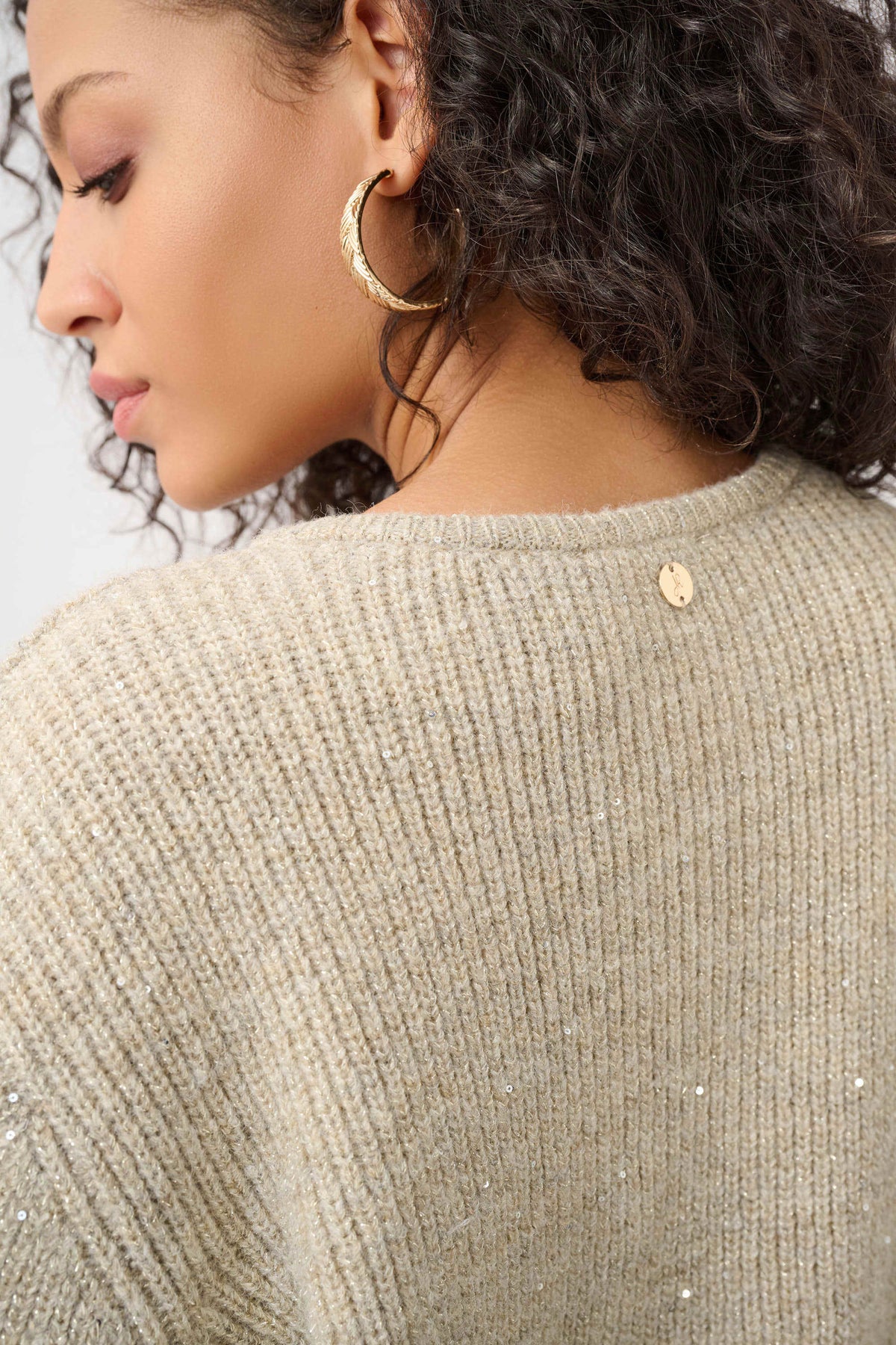 Joseph Ribkoff Oatmeal Melange Sweater Knit Sequined Boxy Crewneck Cardigan