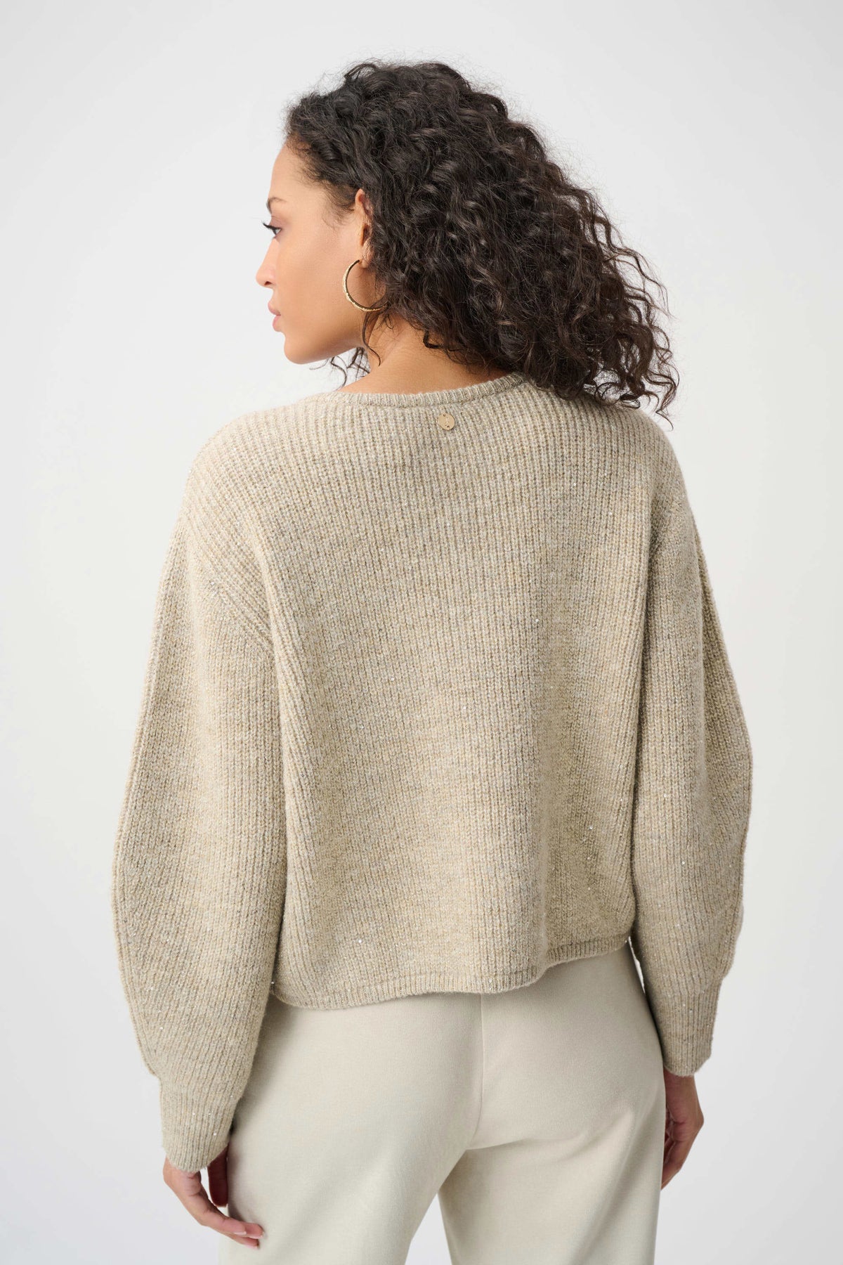 Joseph Ribkoff Oatmeal Melange Sweater Knit Sequined Boxy Crewneck Cardigan