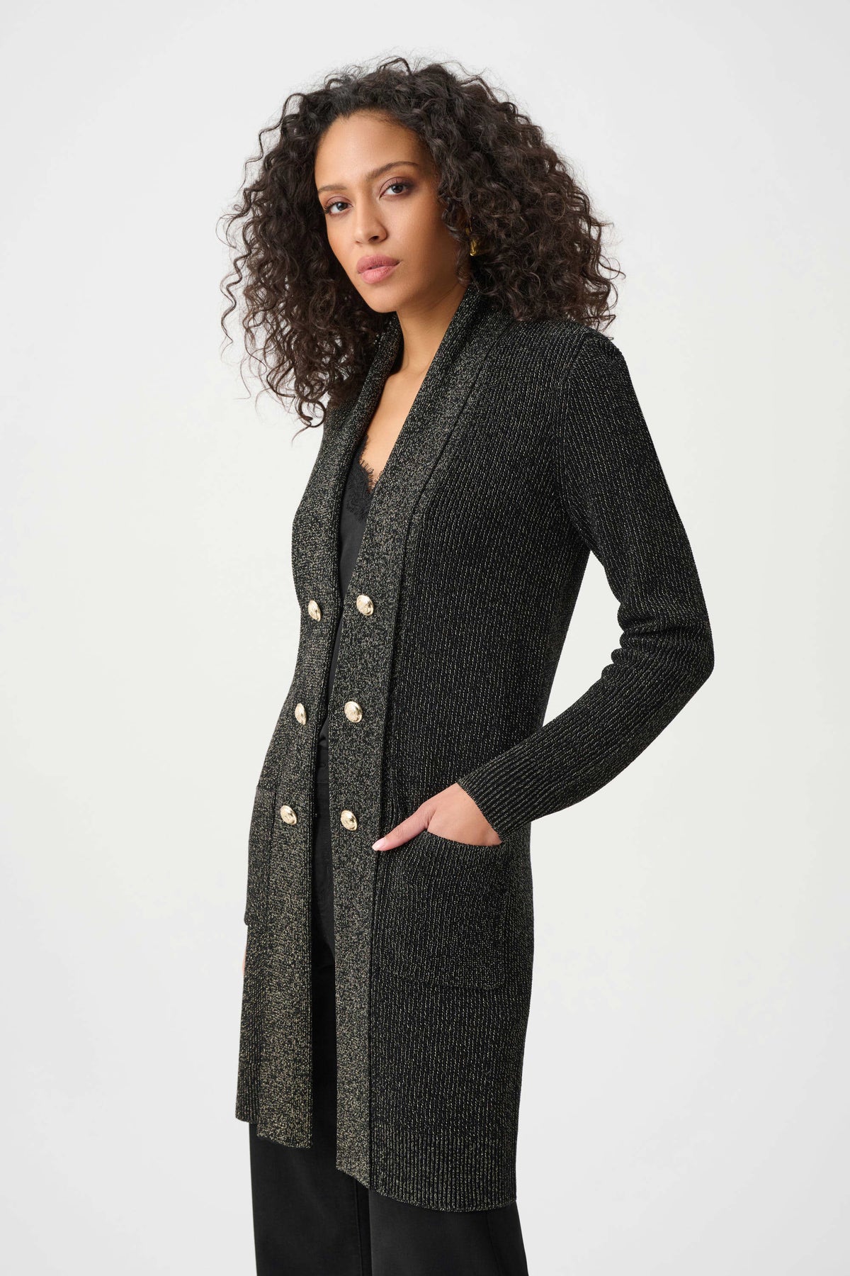 Joseph Ribkoff Black/Multi Lurex Knit Military-Style Cover Up