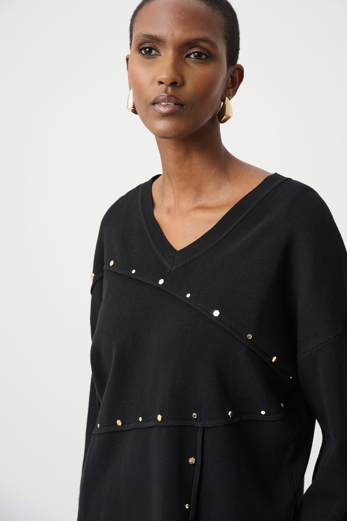 Joseph Ribkoff Black Asymmetric Sweater With Metal Stud Detail