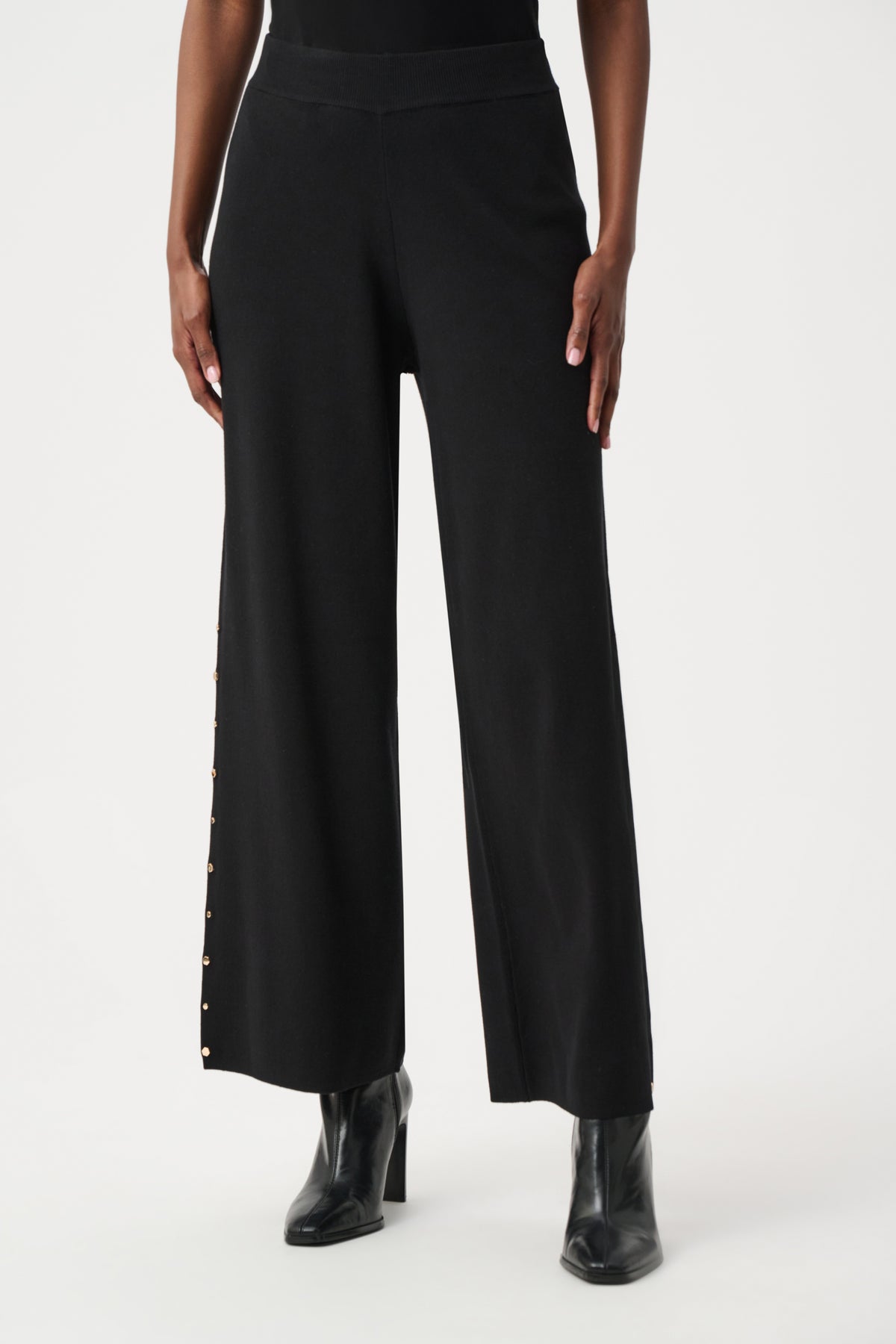 Joseph Ribkoff Black Wide Leg Pull-On Sweater Pants With Metal Stud Detail